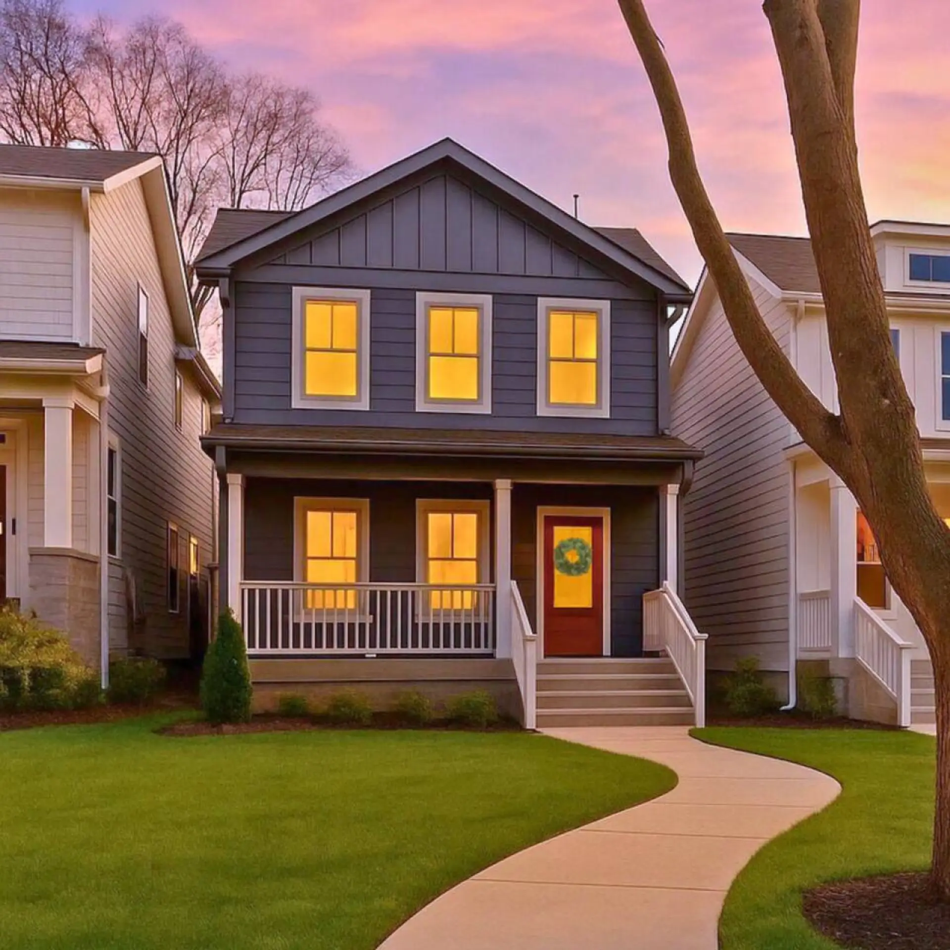 The beautiful purple-toned exterior glows warmly at dusk, making this Pennock Ave home impossible to miss.