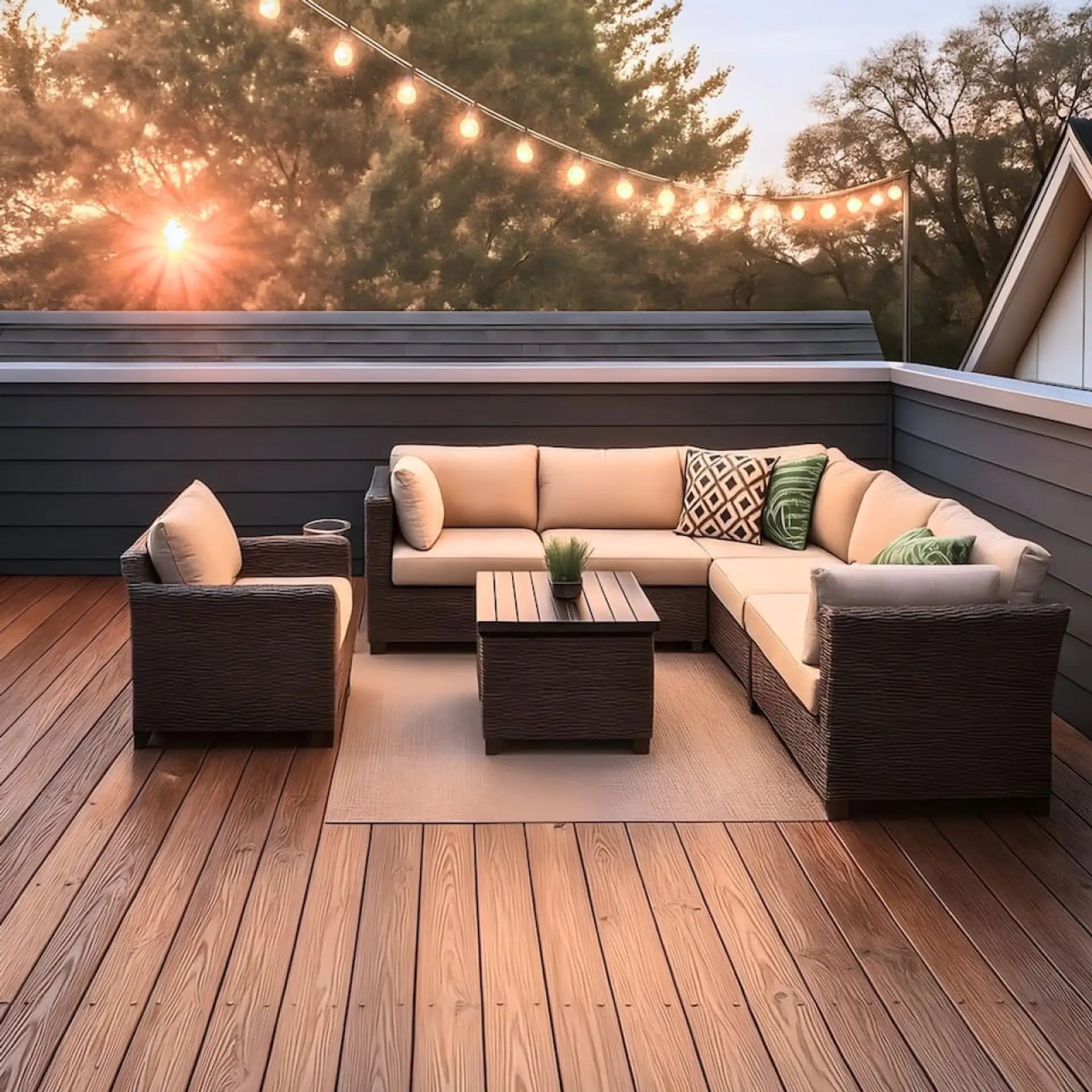 The rooftop terrace with a large sectional sofa and warm lighting is the ultimate Nashville evening destination.