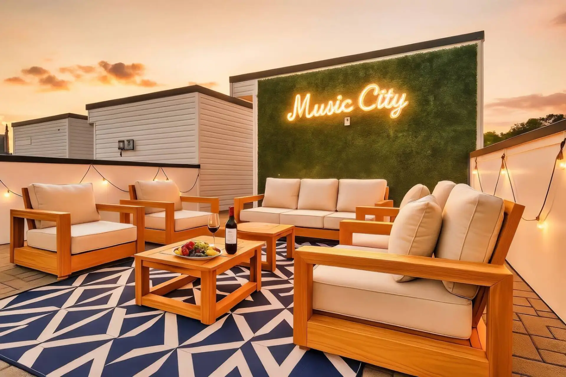 Rooftop lounge with a 'Music City' greenery wall, wood patio furniture, and sunset views