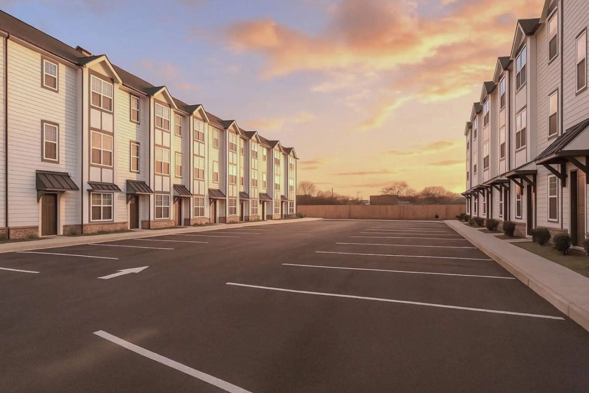 Exterior view of the townhome community at sunset