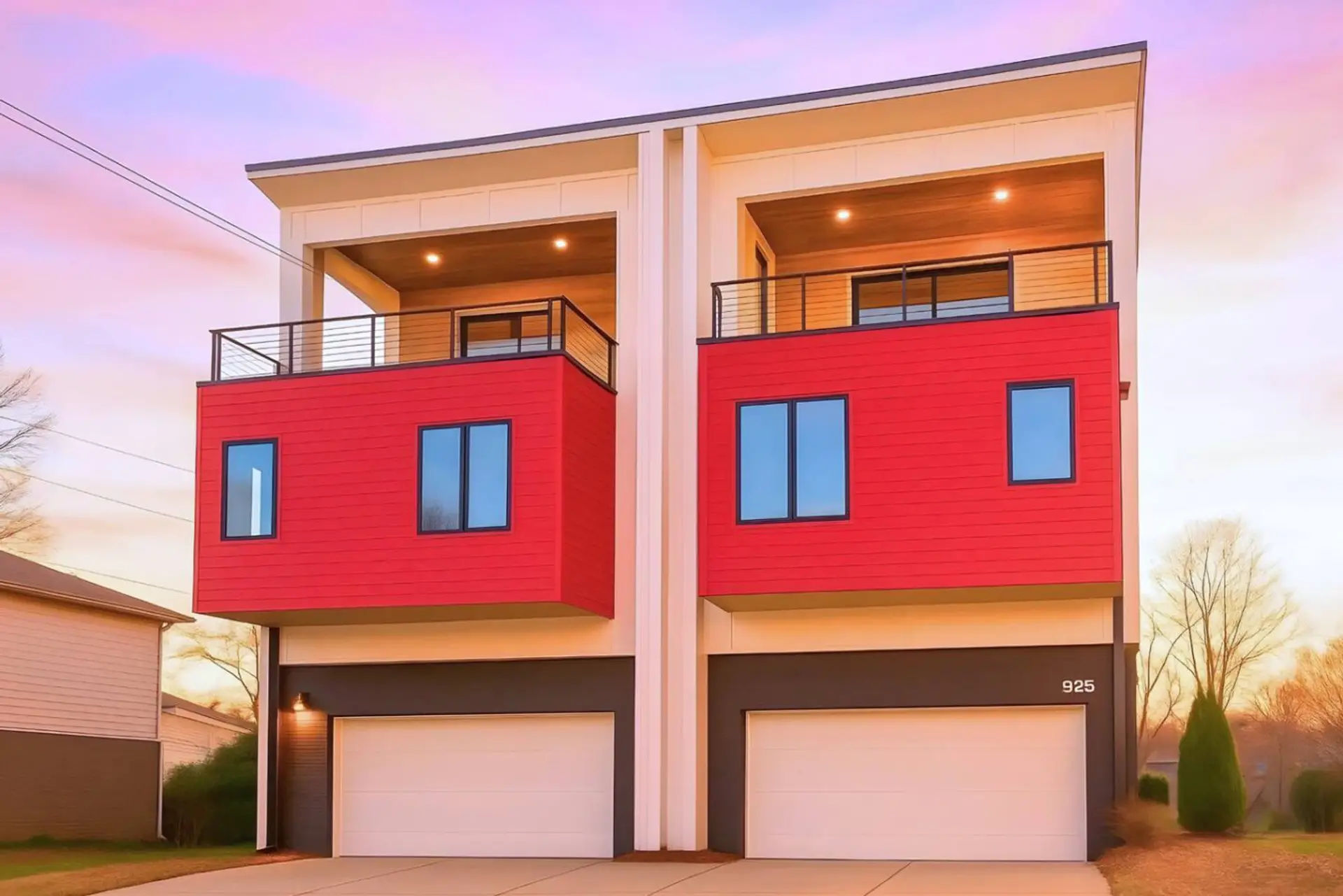 Contemporary townhome facade lit up beautifully at dusk.