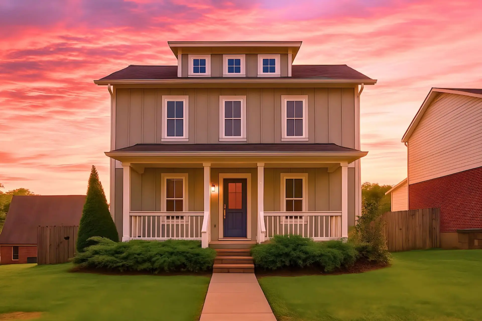 The warm craftsman exterior glows at sunset with a beautiful two-story facade and welcoming front porch.