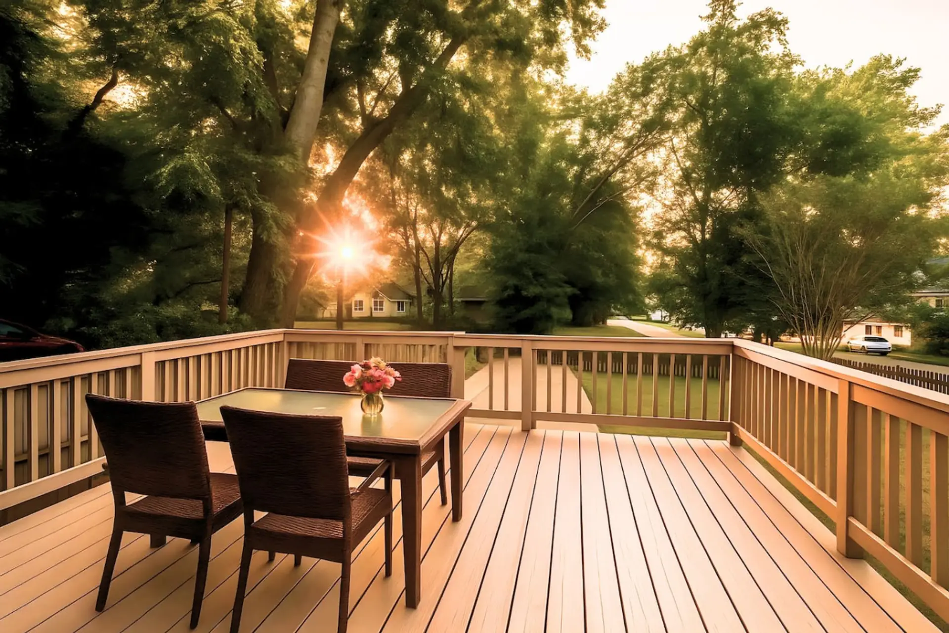 Dine on the deck at golden hour surrounded by leafy trees.
