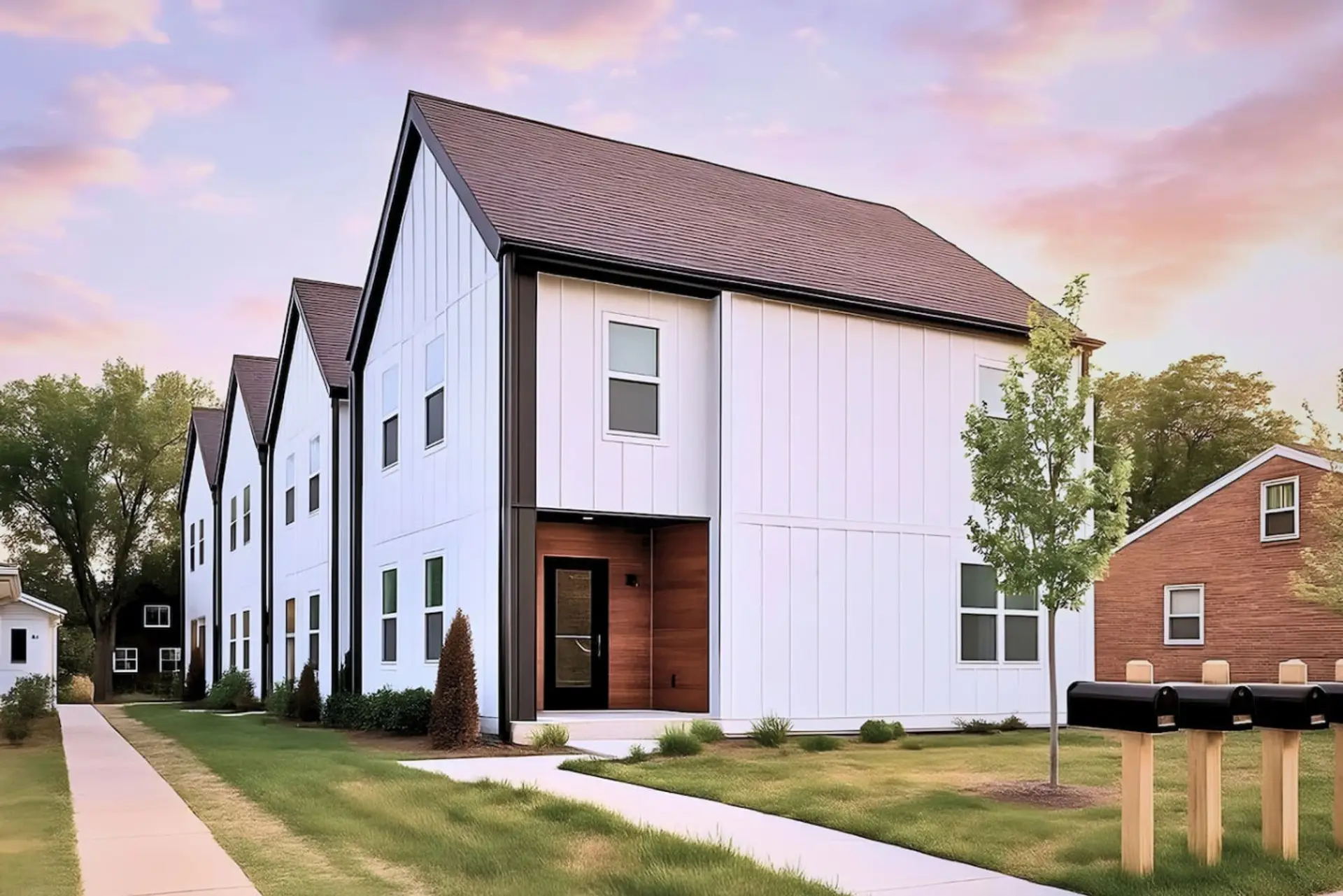 Exterior of modern white and gray townhouse at dusk with purple sky