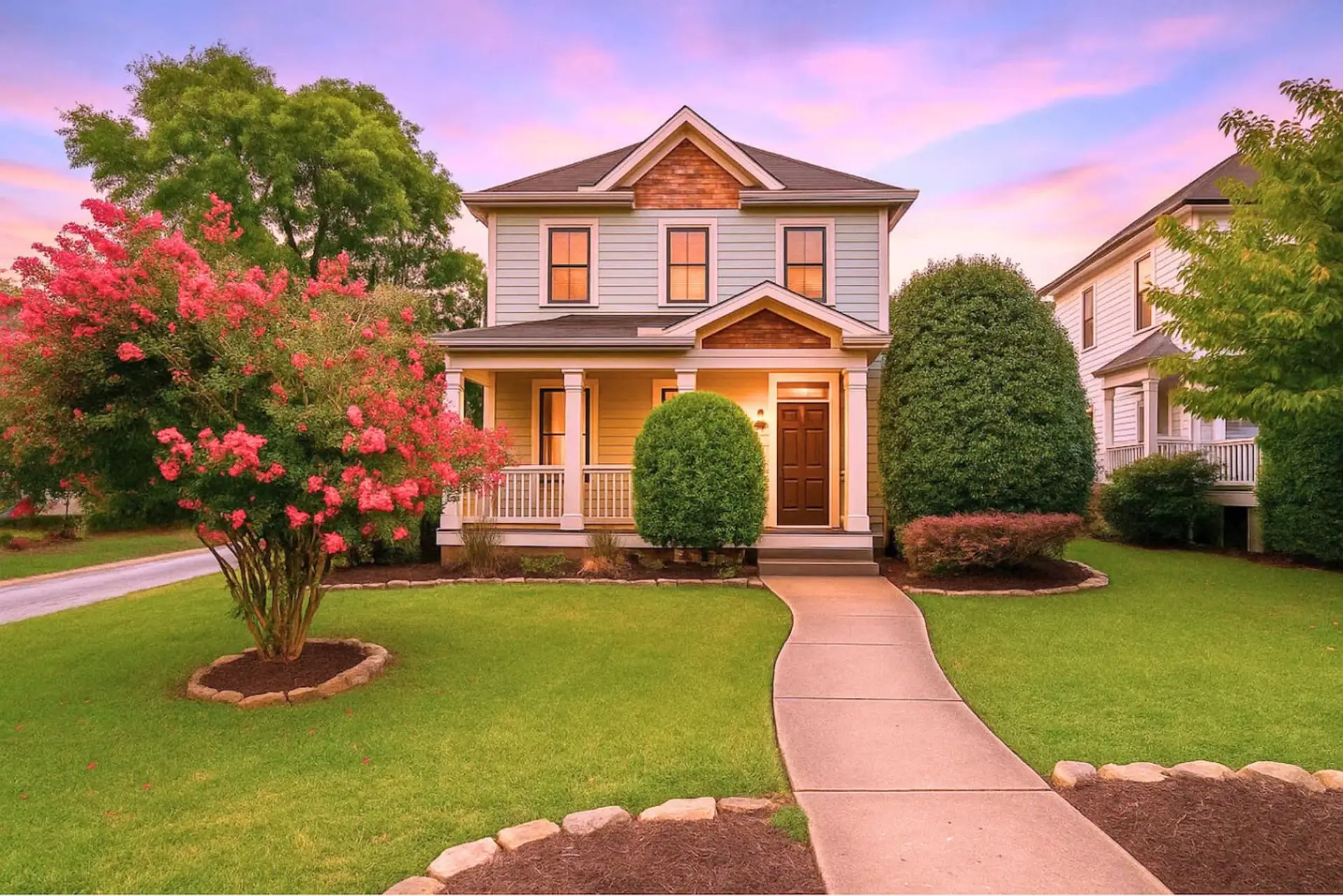 A stately home with blooming trees and stunning curb appeal.