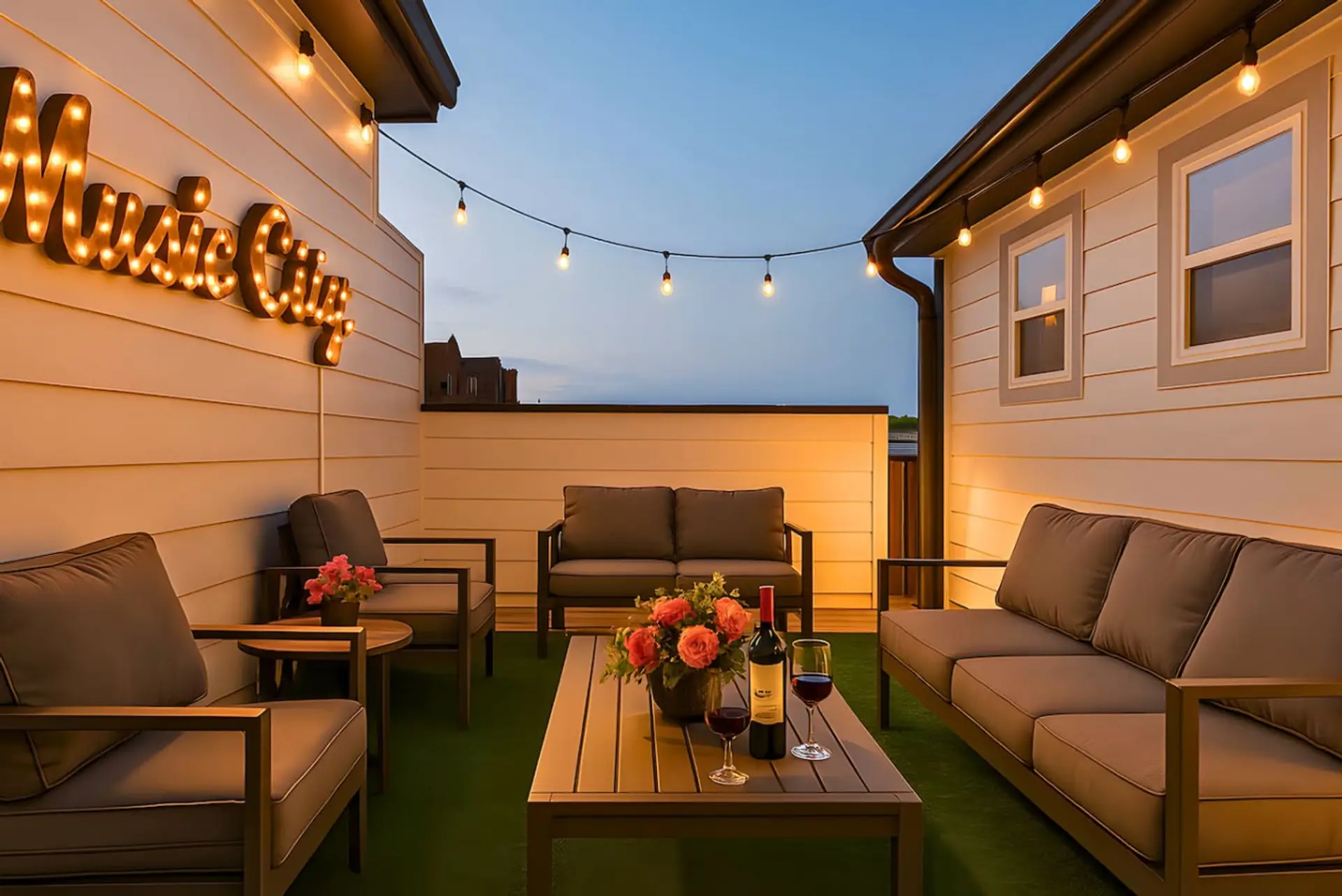 Rooftop terrace at dusk with outdoor sofas, string lights, wine bottle, and lush greenery