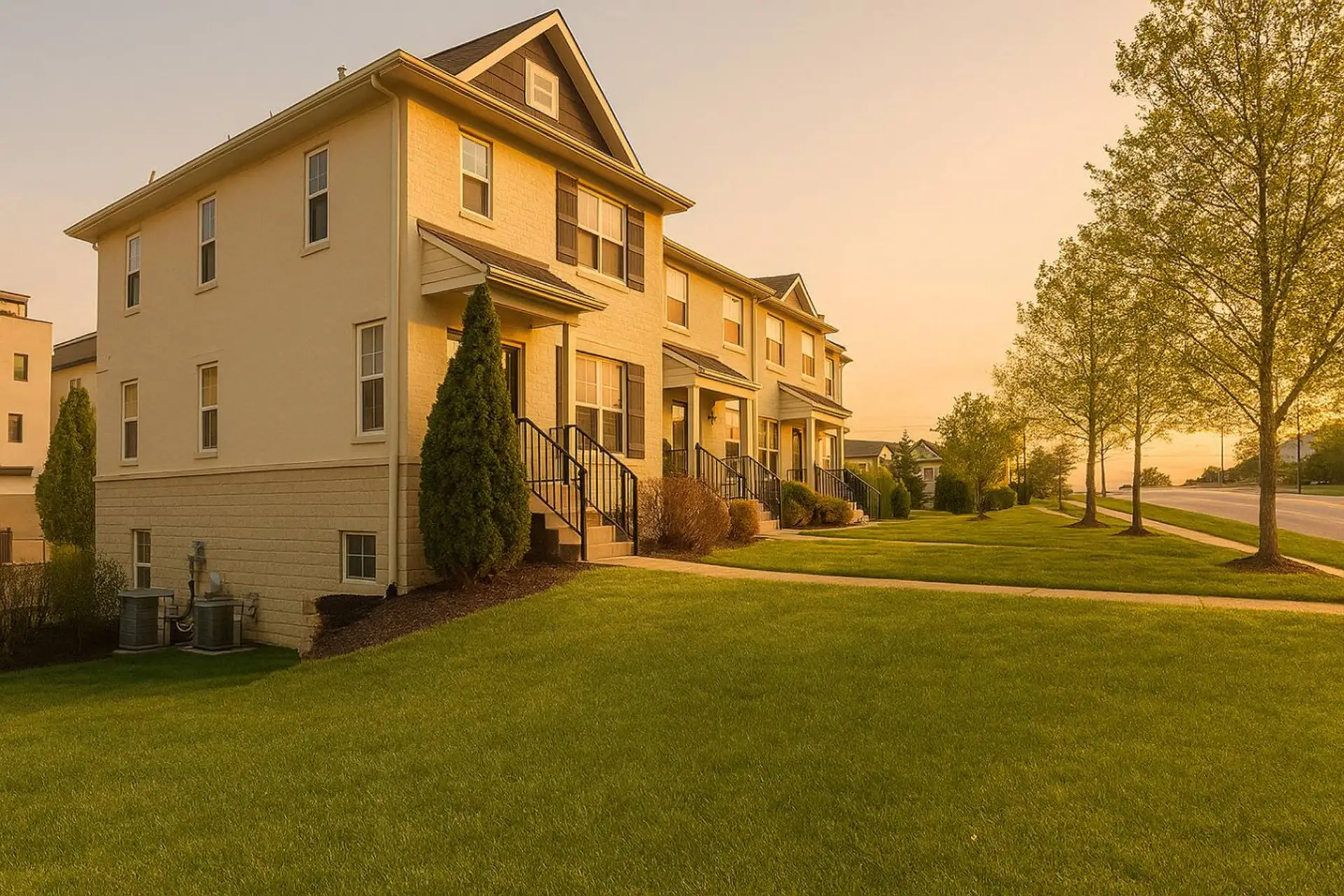 The classic townhouse exterior with a green lawn and warm afternoon light makes a welcoming impression.