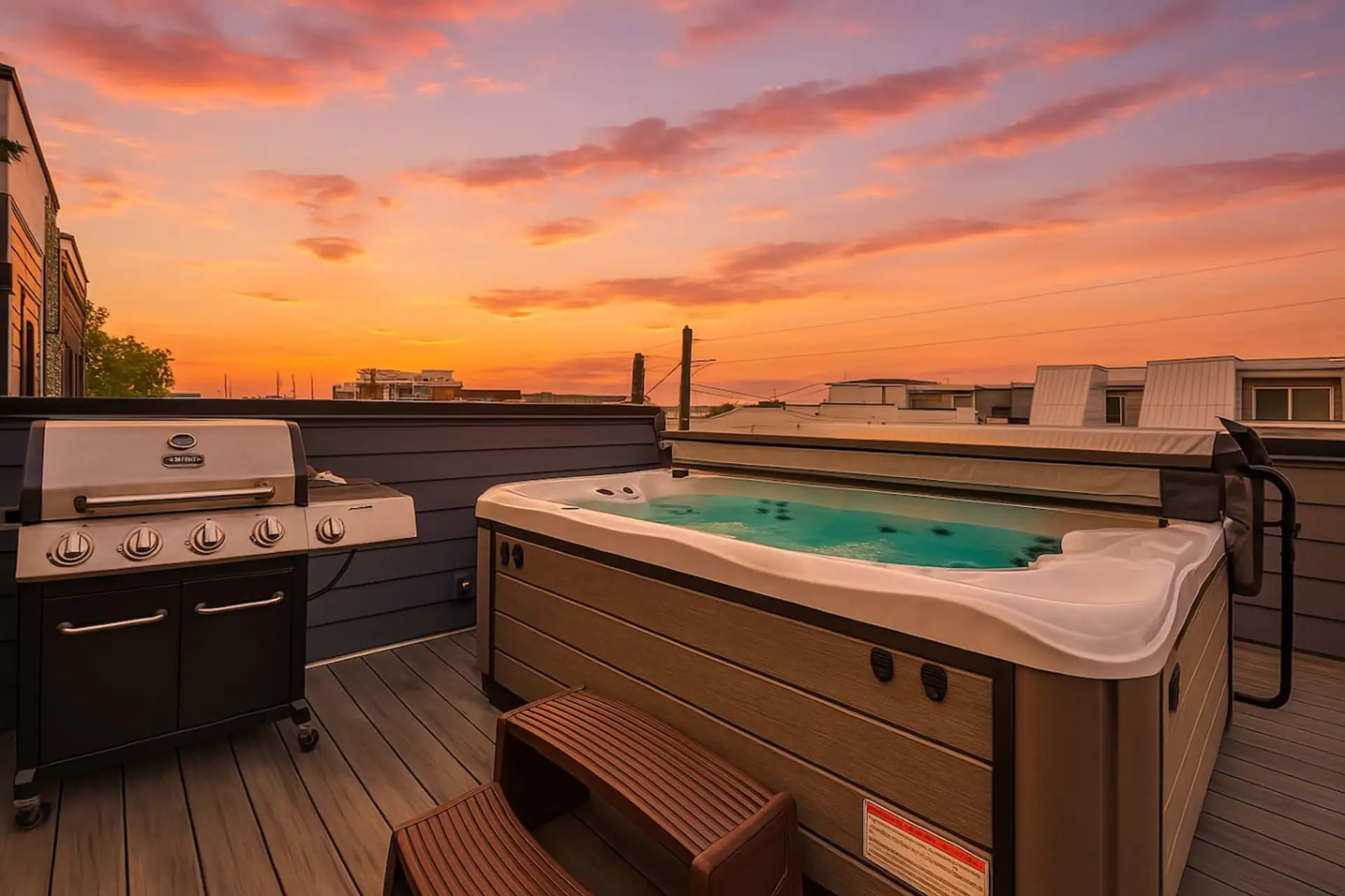 Soak in the rooftop hot tub under an open sky at golden hour.