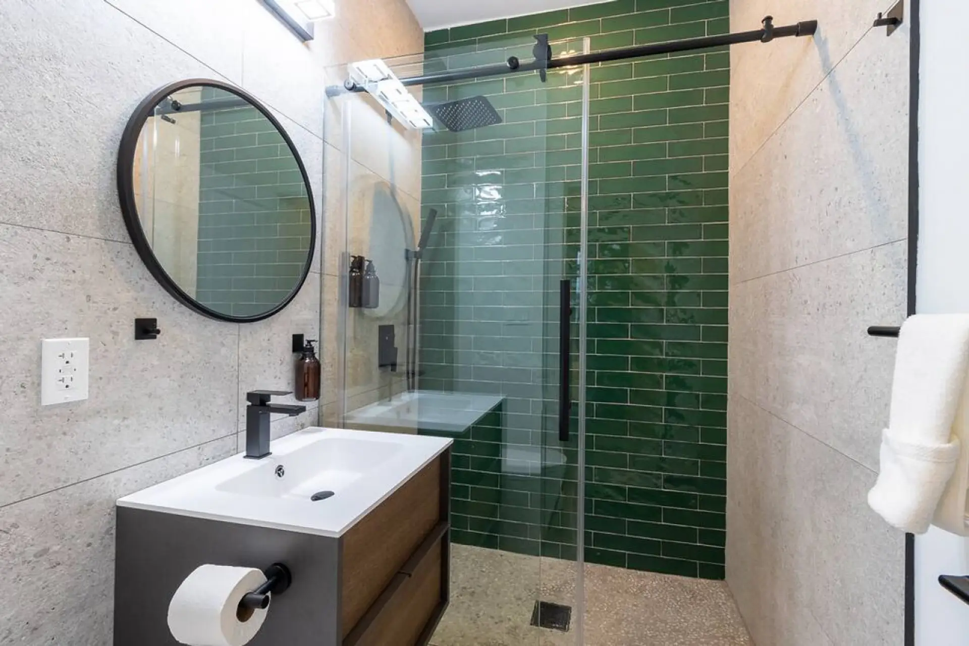 Modern Bathroom with Walk-In Glass Shower & Green Tile Accent