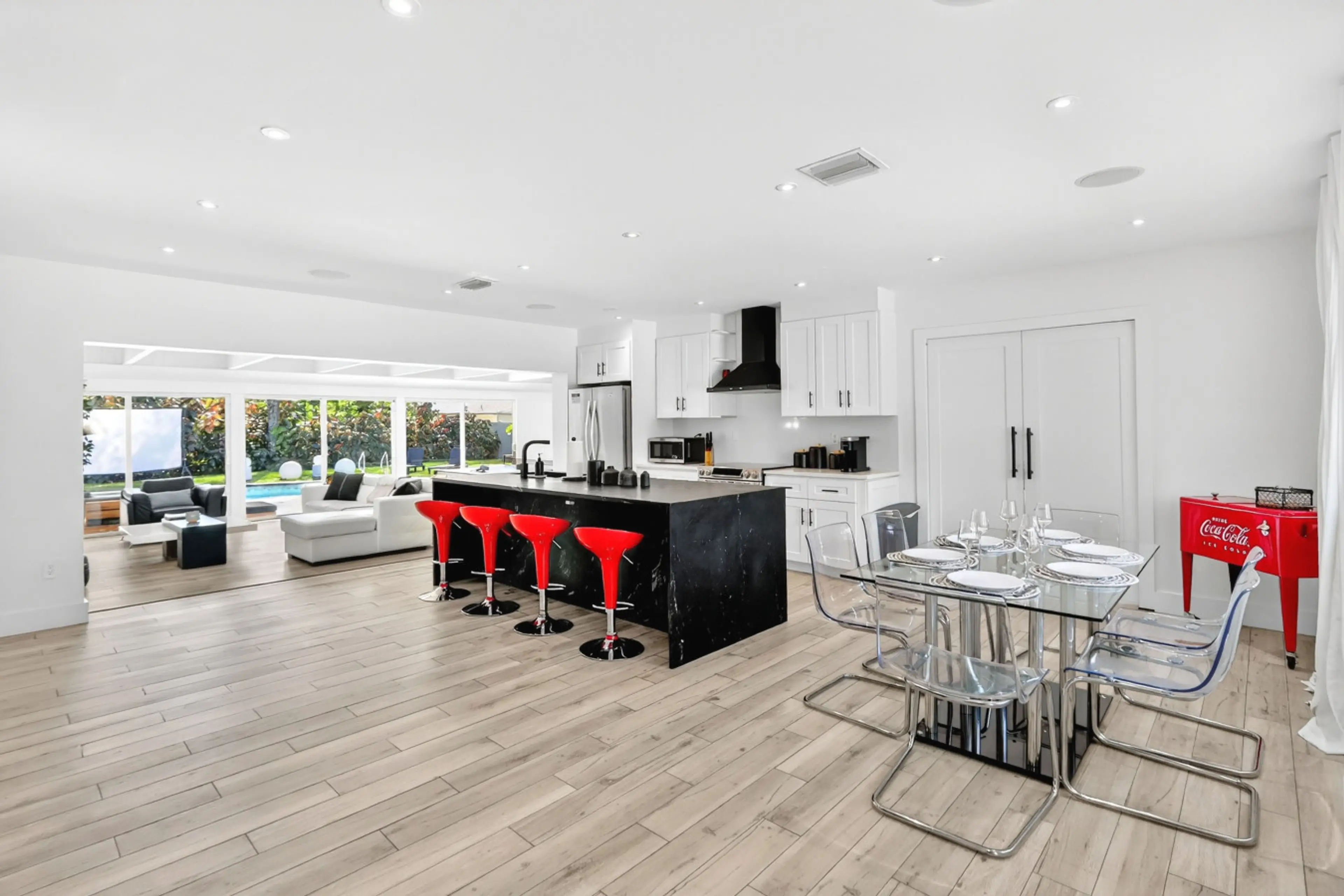 Enjoy meals at the dining table with seating for six