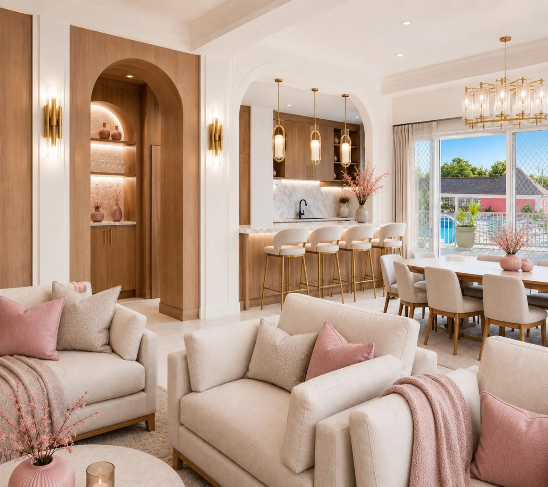 Bright, open concept, stylish blush pink featuring a patio walkout to pool!