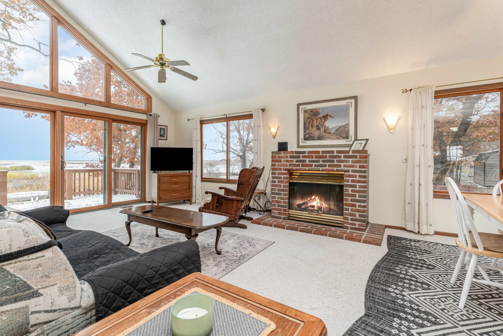 Living Room Lake View with gas fireplace
