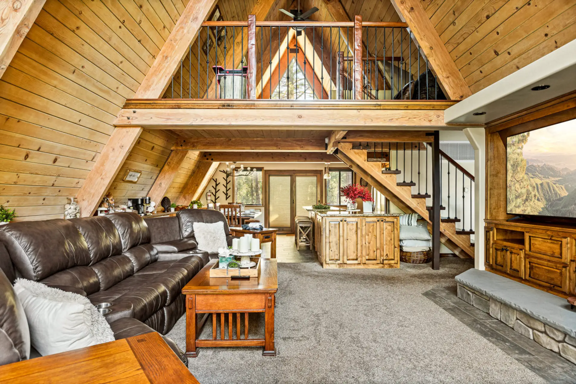 Living area with soaring ceilings.