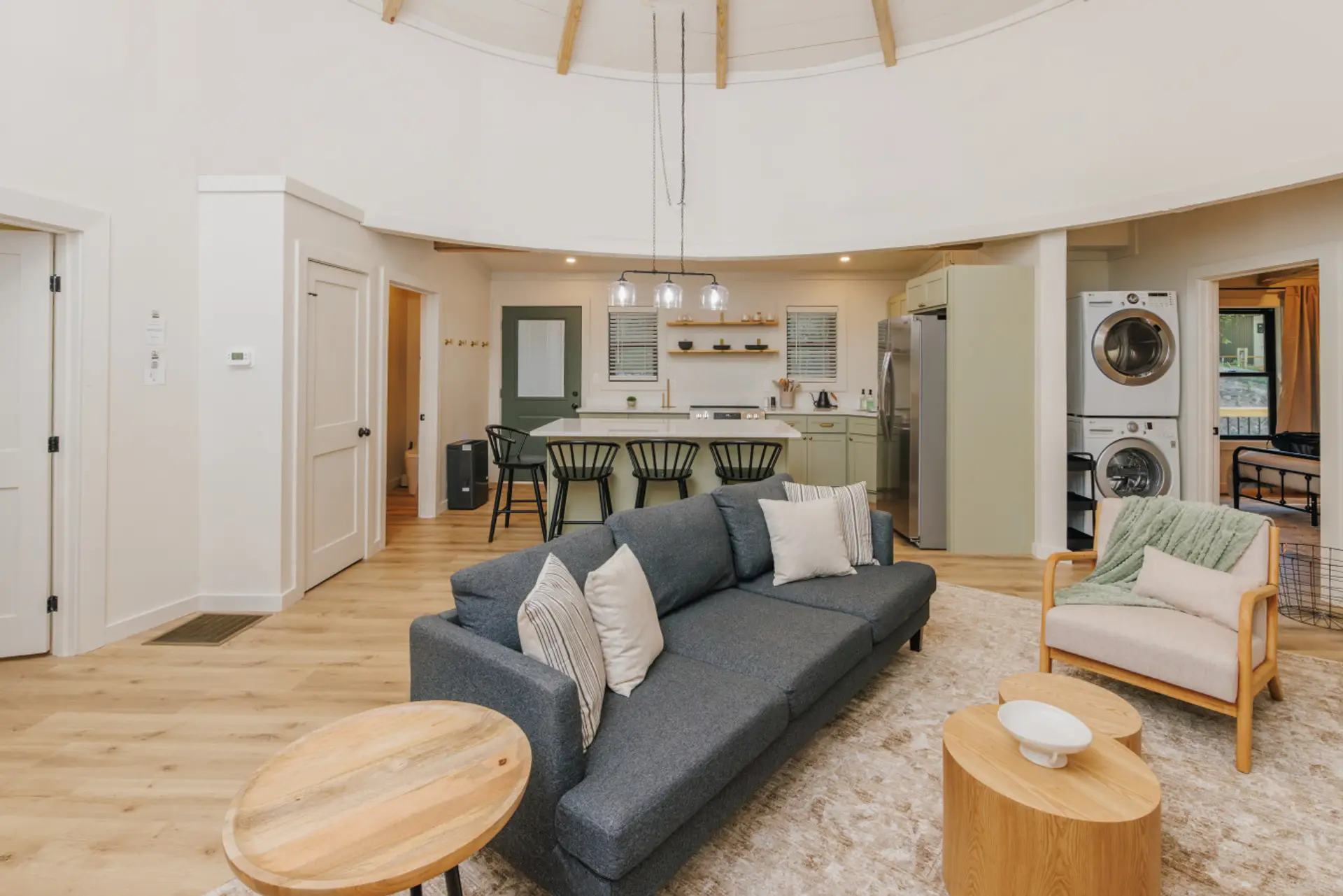 Unwind by the fireplace in a one-of-a-kind silo living room after a day in the Gorge