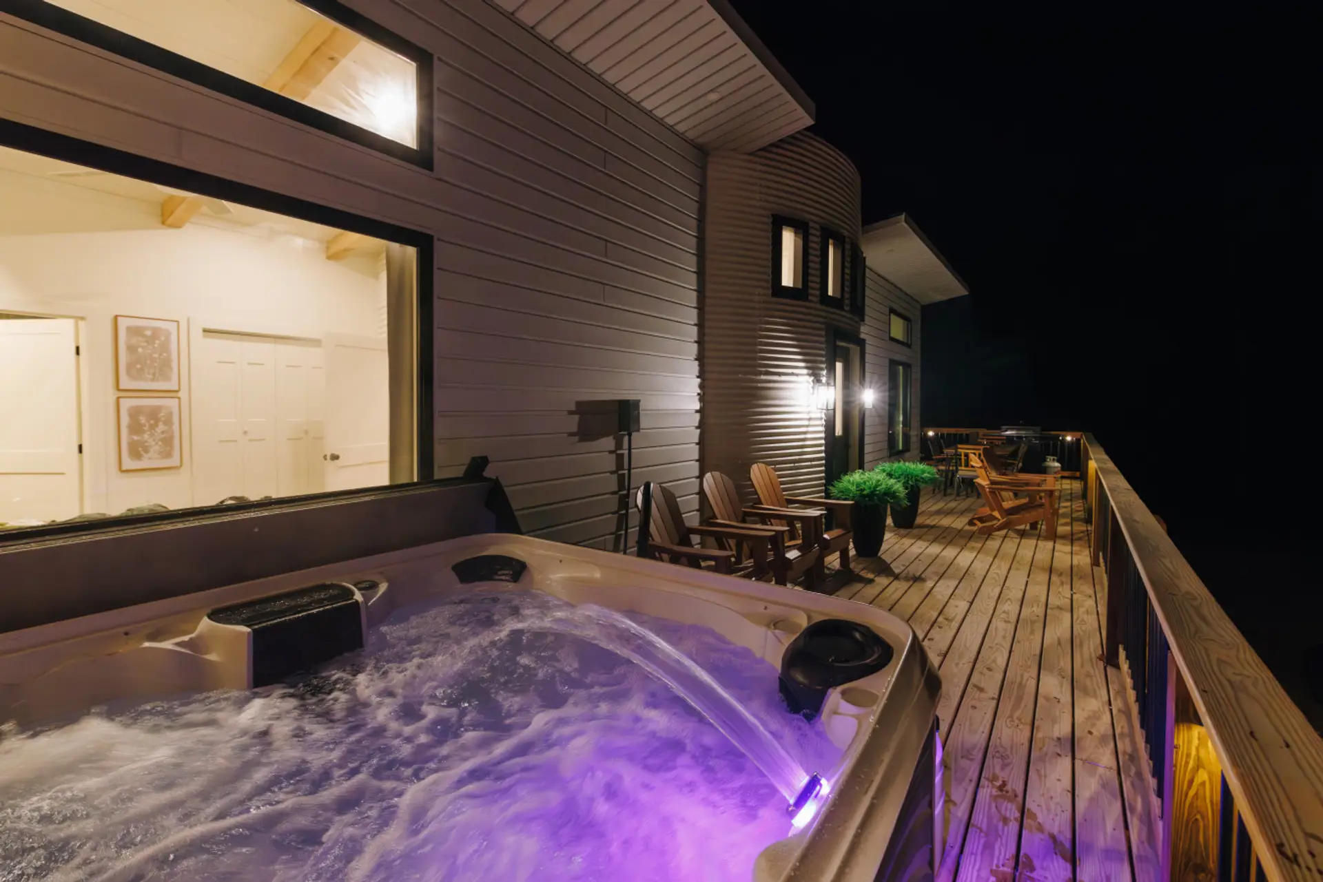 Slip into the private hot tub as the water glows and the Gorge goes dark around you. Cool fall nights are made for a soak like this.