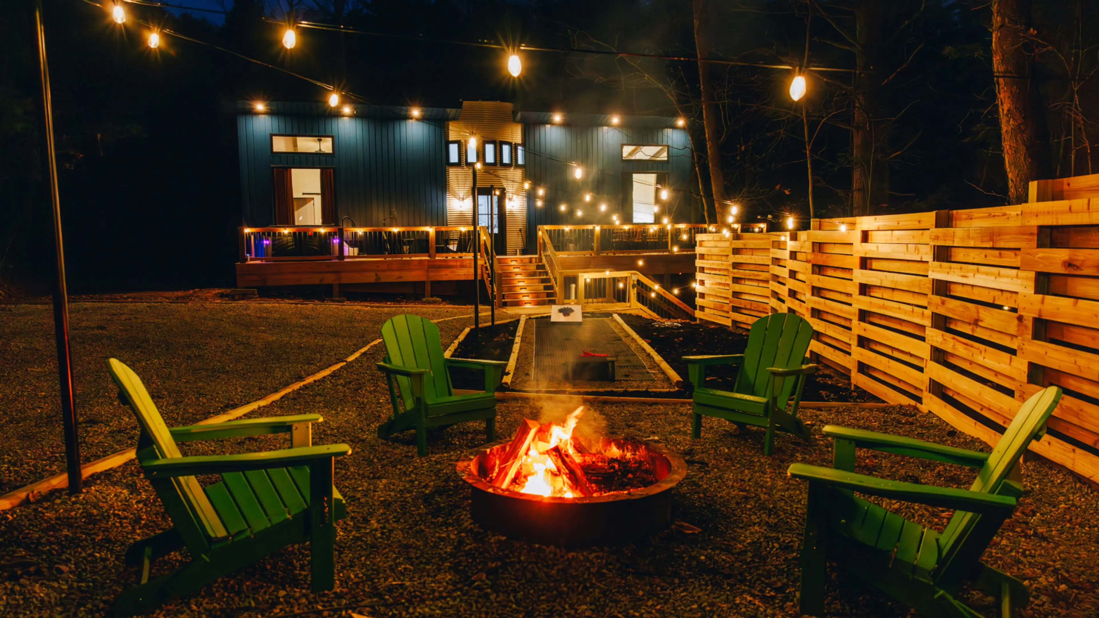 Welcome to The Derby by The Hideaways! As the sun goes down, the string lights come on. Gather around our custom fire pit for an unforgettable evening under the stars.