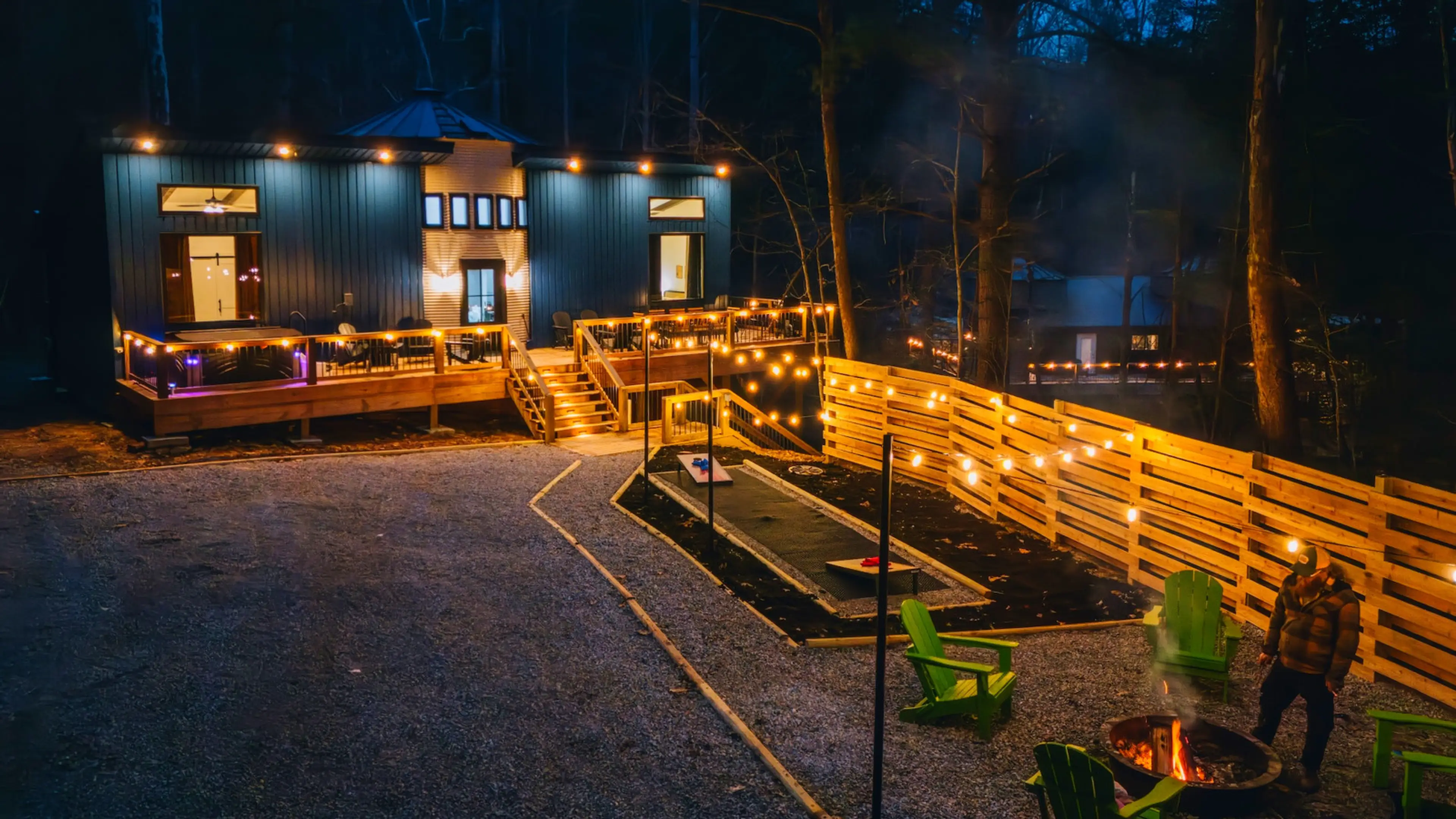 Welcome to The Derby by The Hideaways! As the sun goes down, the string lights come on. Gather around our custom fire pit for an unforgettable evening under the stars.