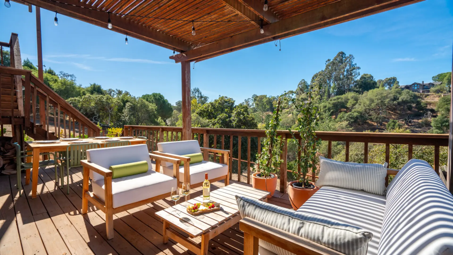 Stunning outdoor patio space with scenic views of Sonoma county's beautiful oak lined hills