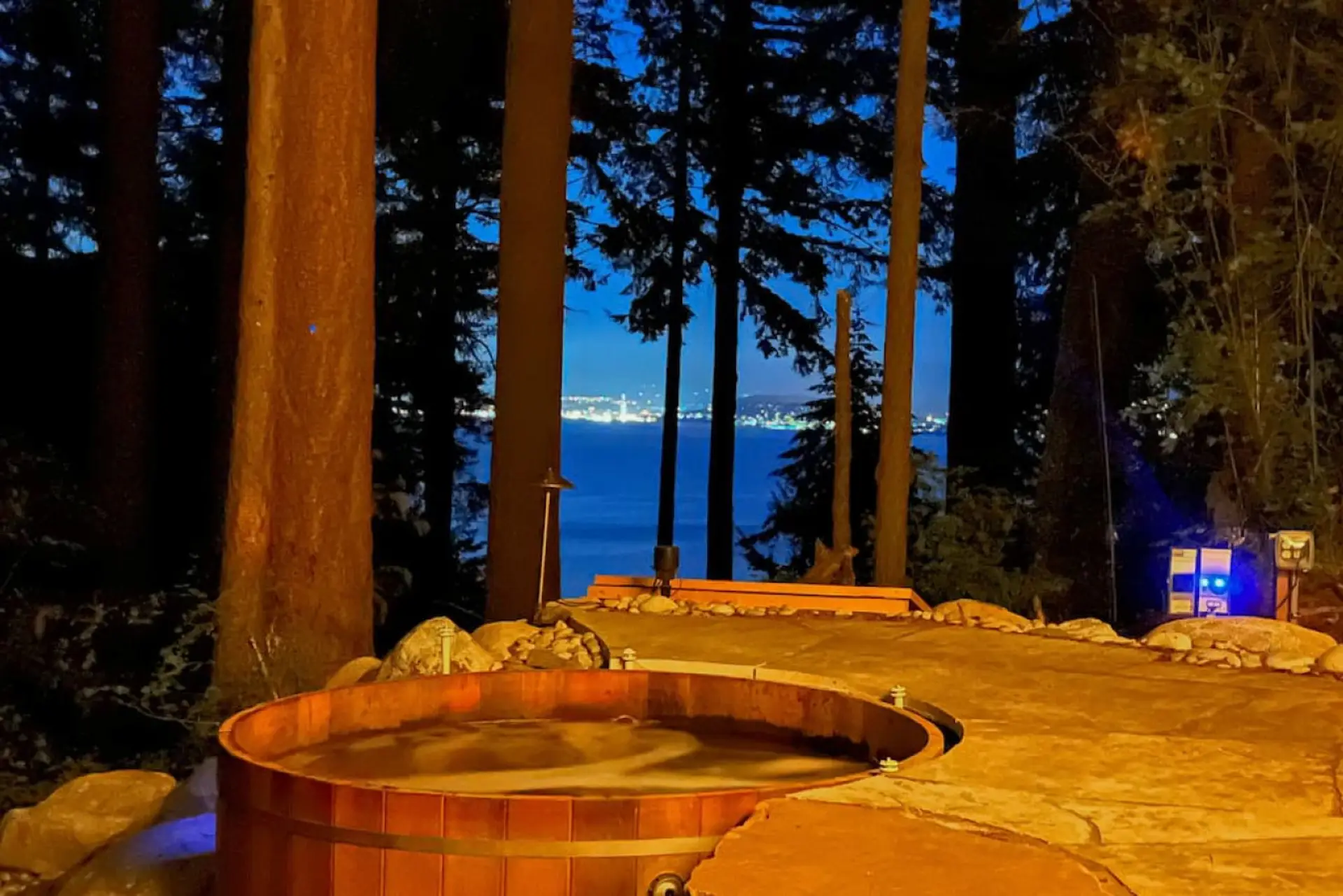 A night-time dip in the cedar hot tub is just what you need to relax and rejuvenate!