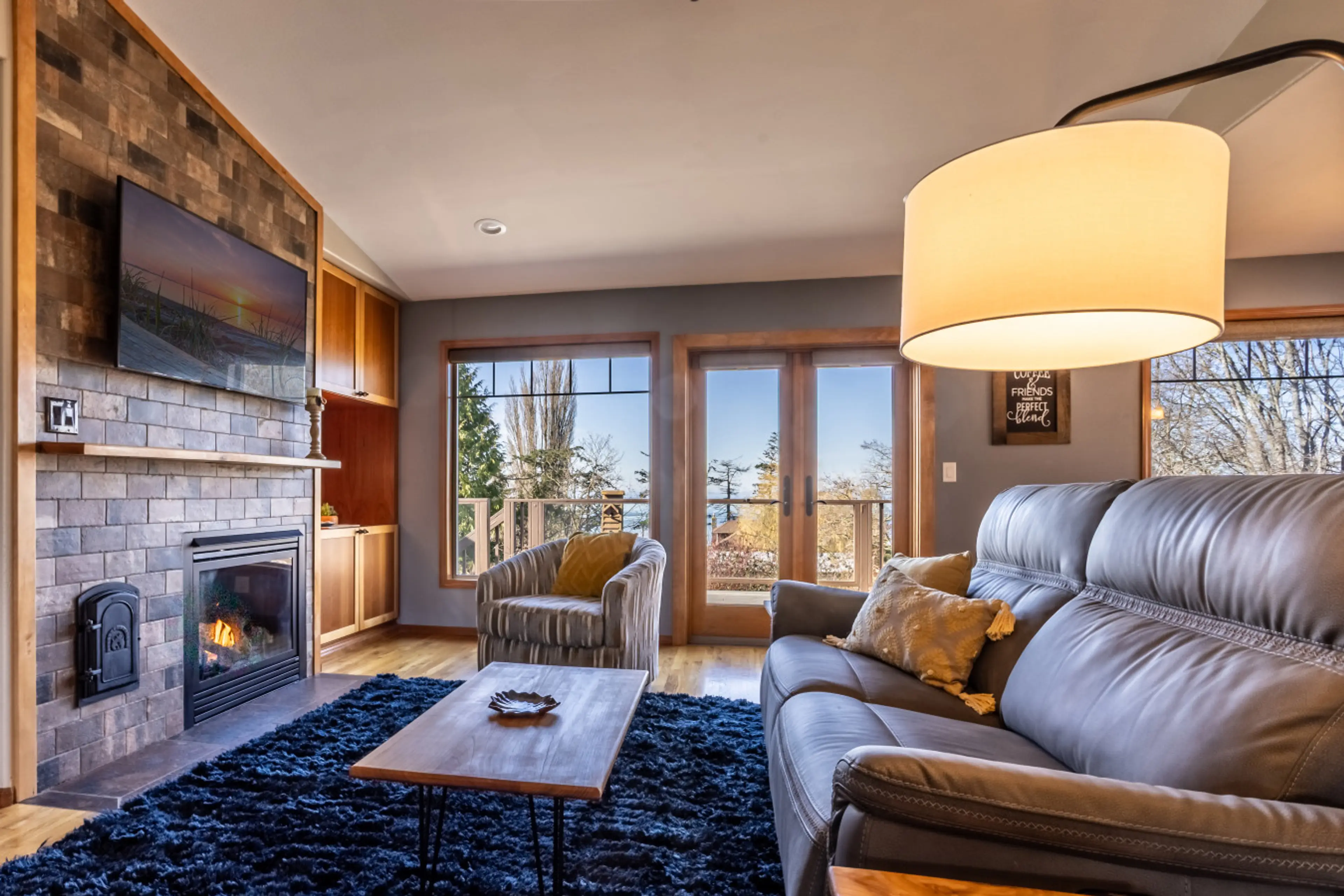 Living space with a gas fire and a view