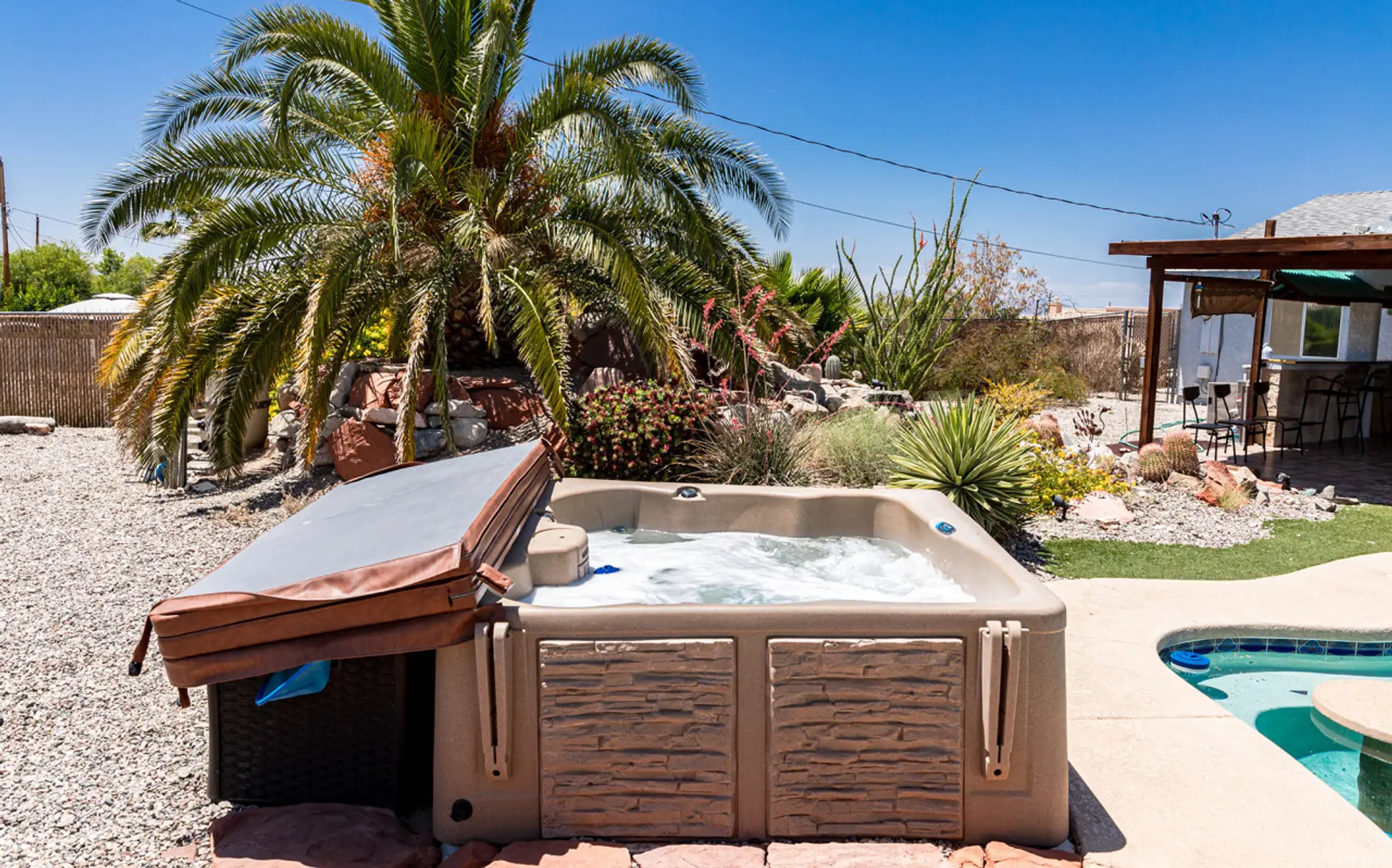 Backyard privacy with large entertaining space, pool and spa