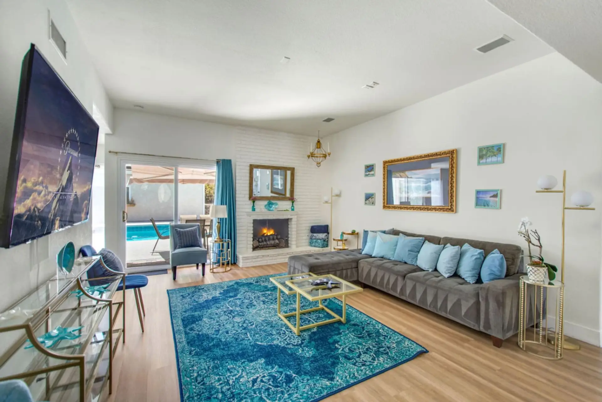his inviting living space offers cozy seating, a fireplace, and Smart TV—perfect for relaxing after a day of exploring.