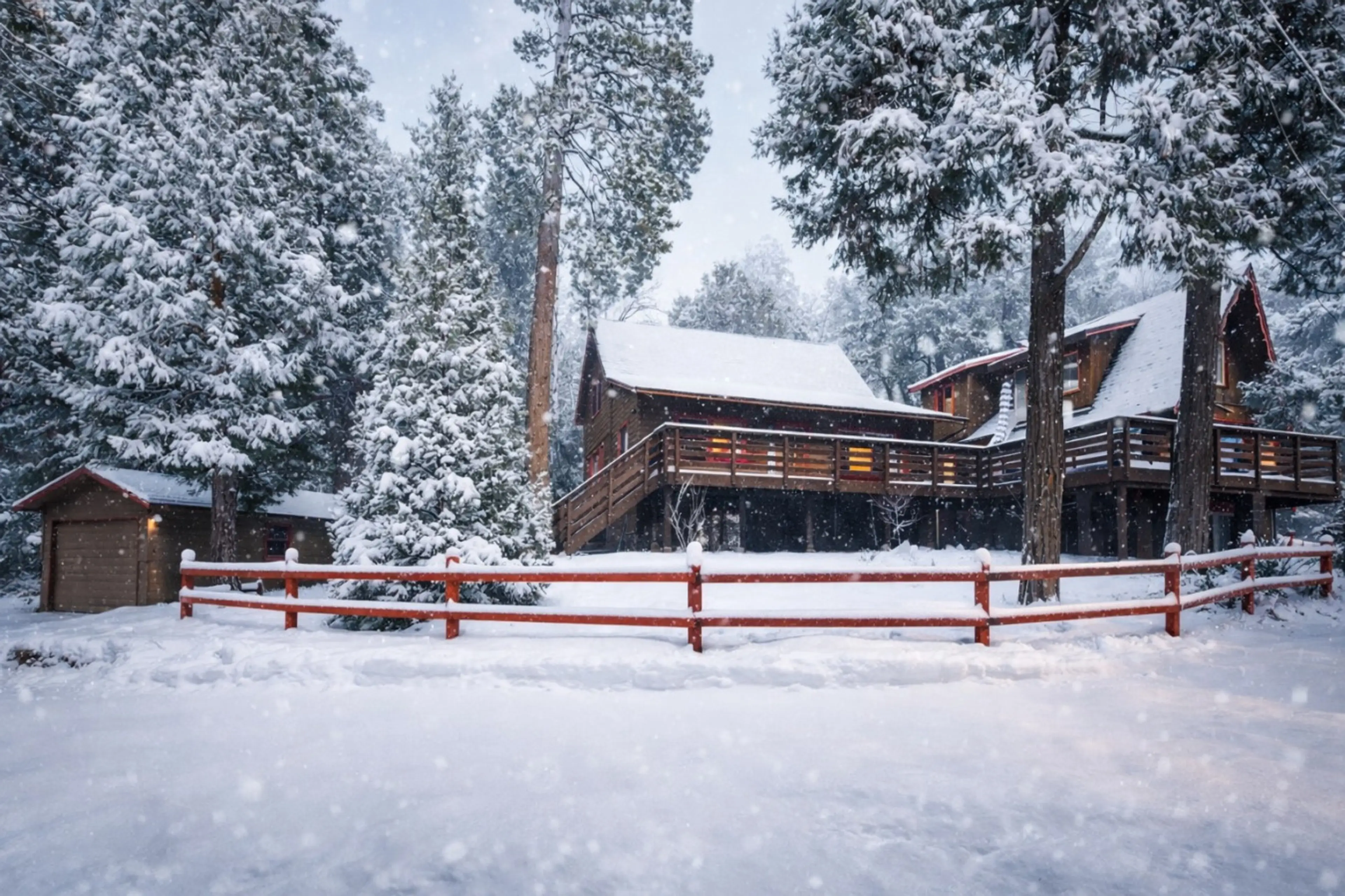 Peaceful mountain retreat surrounded by tall pines and seasonal snowfall.