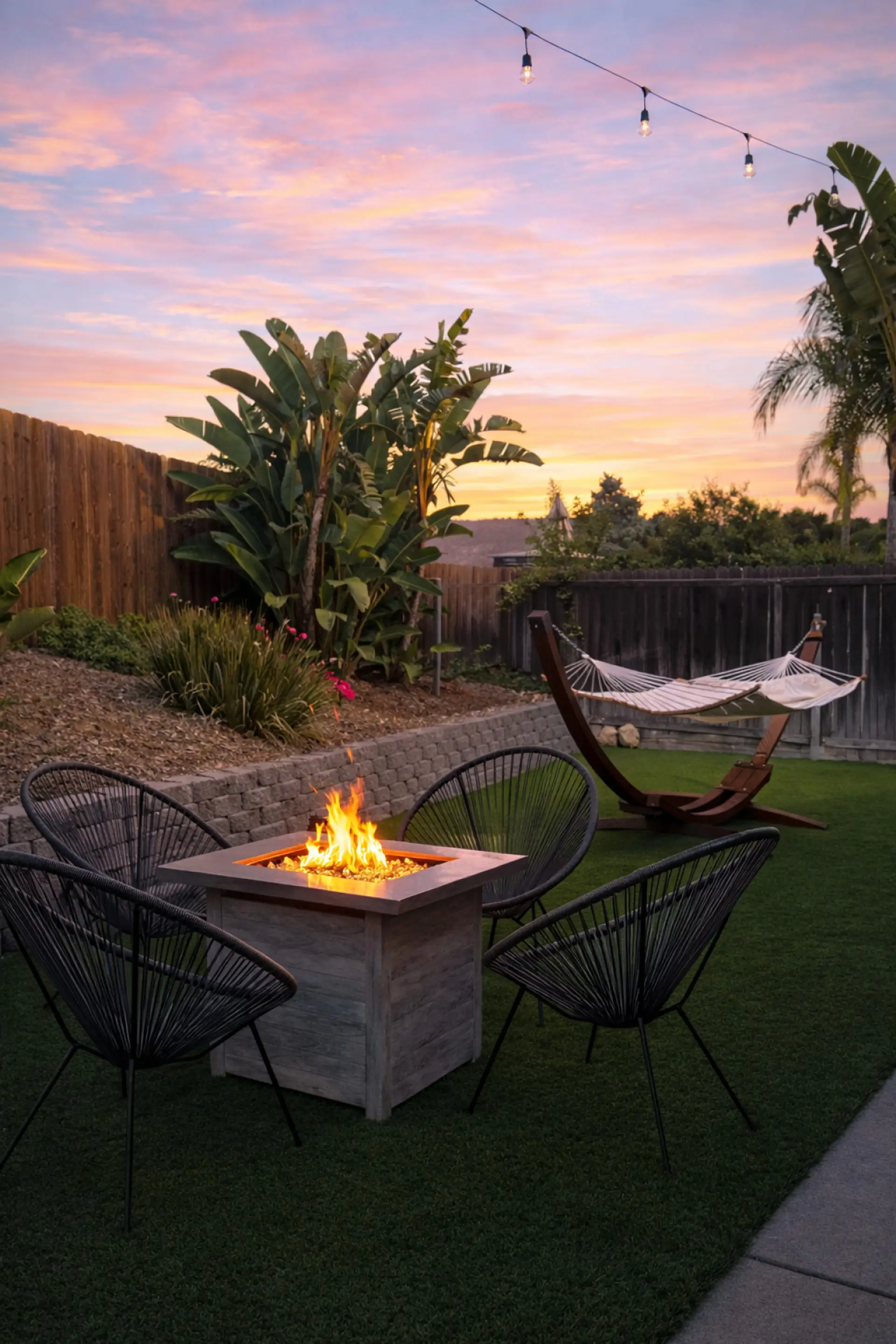 Sink into the hammock or gather around the fire pit in your private backyard oasis.