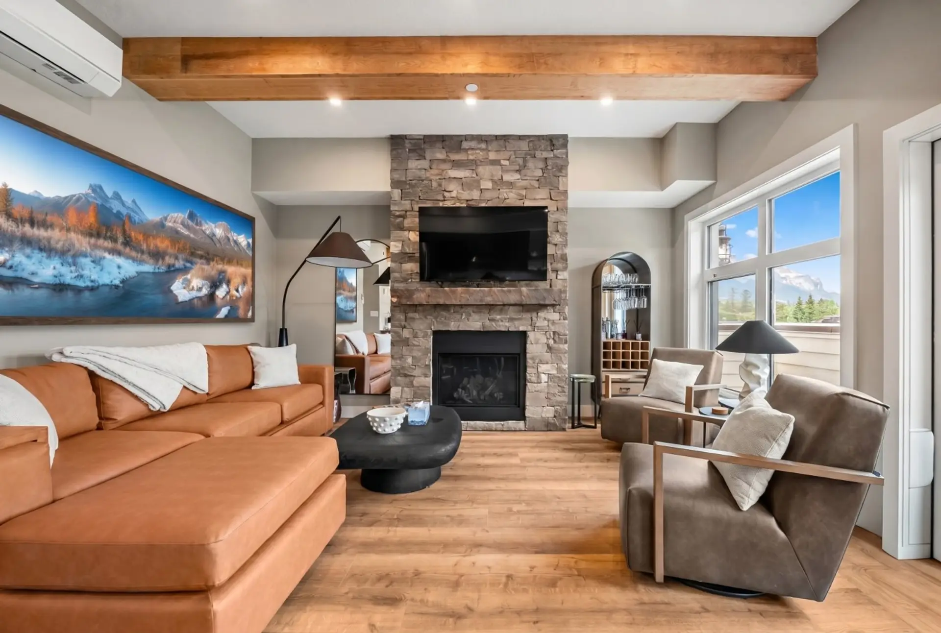 Kick back by the fireplace after a day in the mountains.