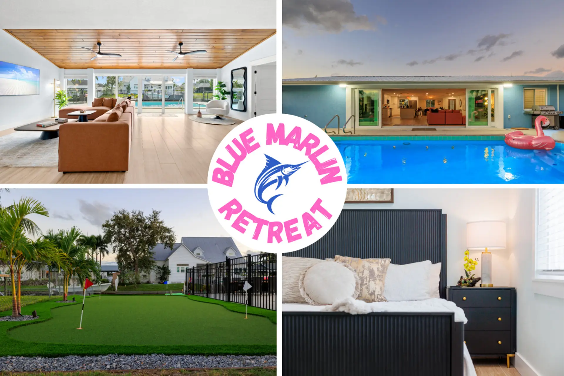 Welcome to Blue Marlin Retreat — bright open living, private pool, putting green, and modern coastal comfort.