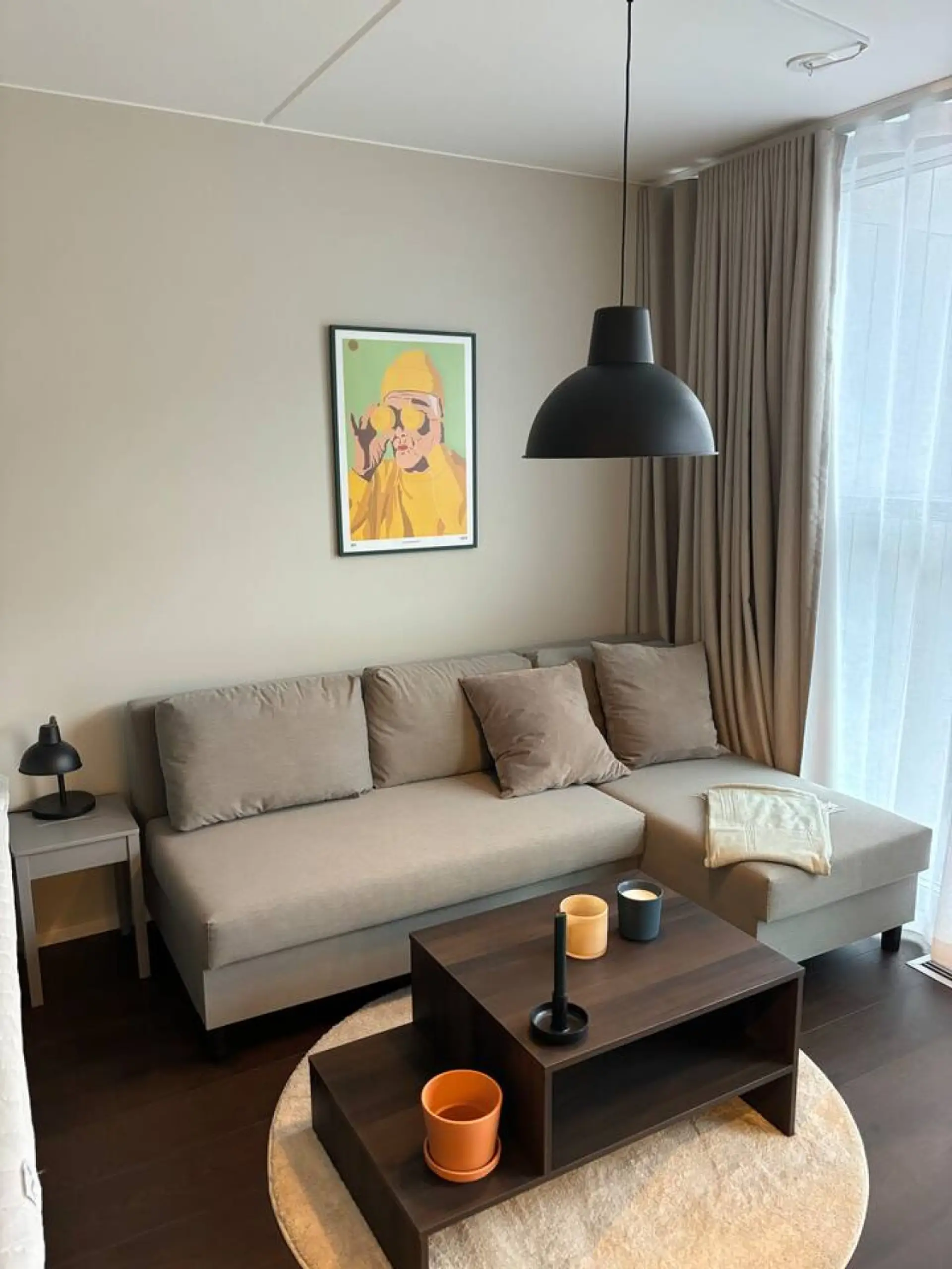Living area with sofa, coffee table and natural light