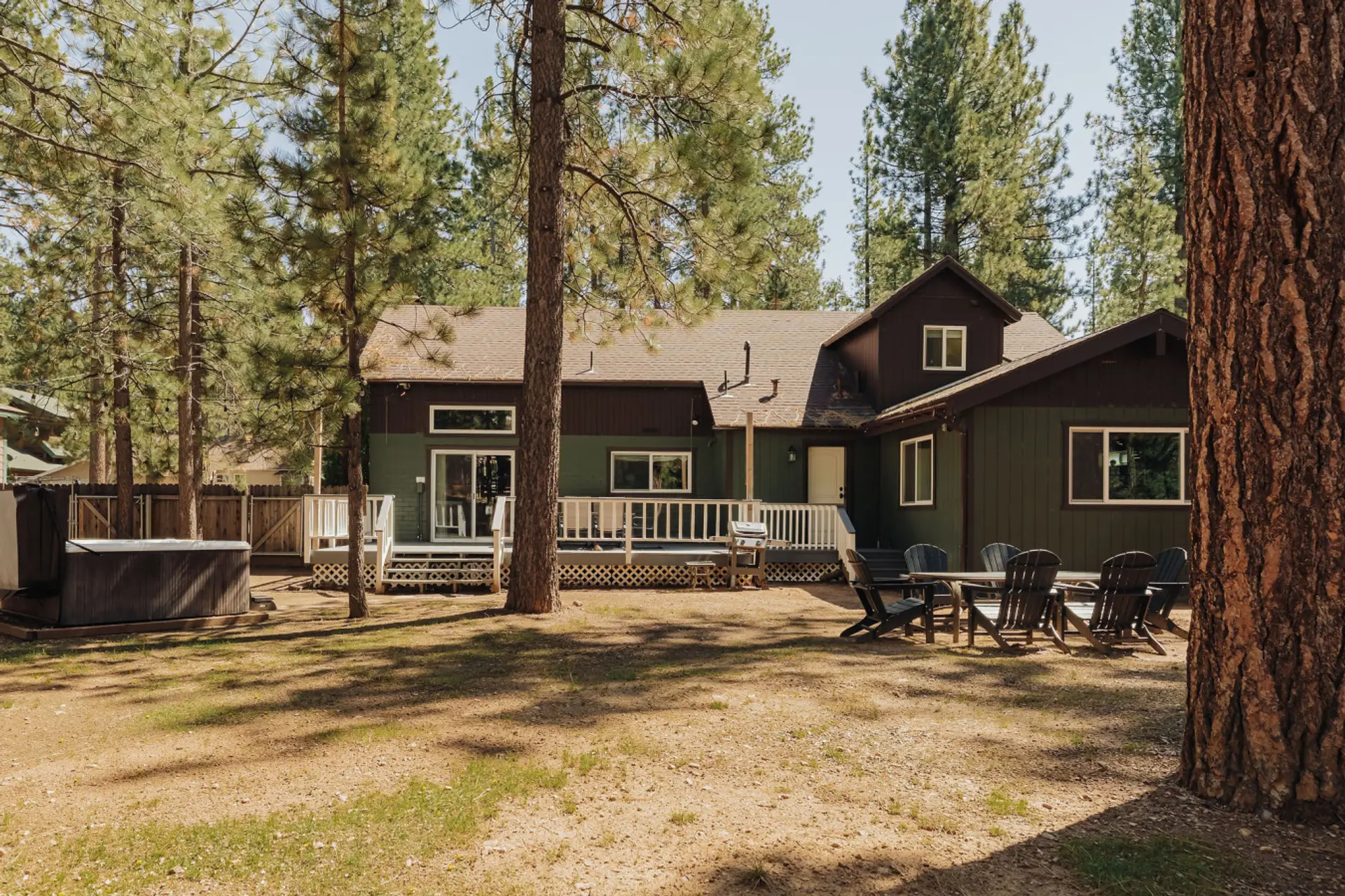 Spacious backyard with outdoor seating and pine trees