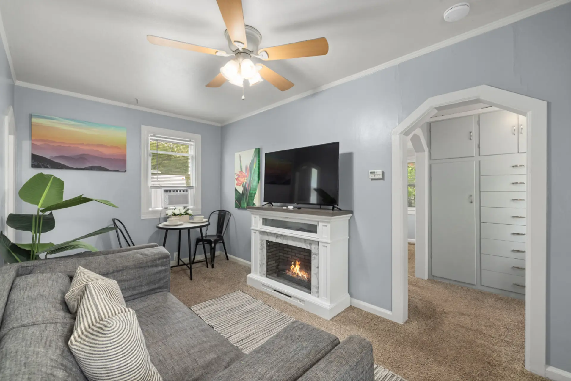 Living room with electric fireplace and 55in TV