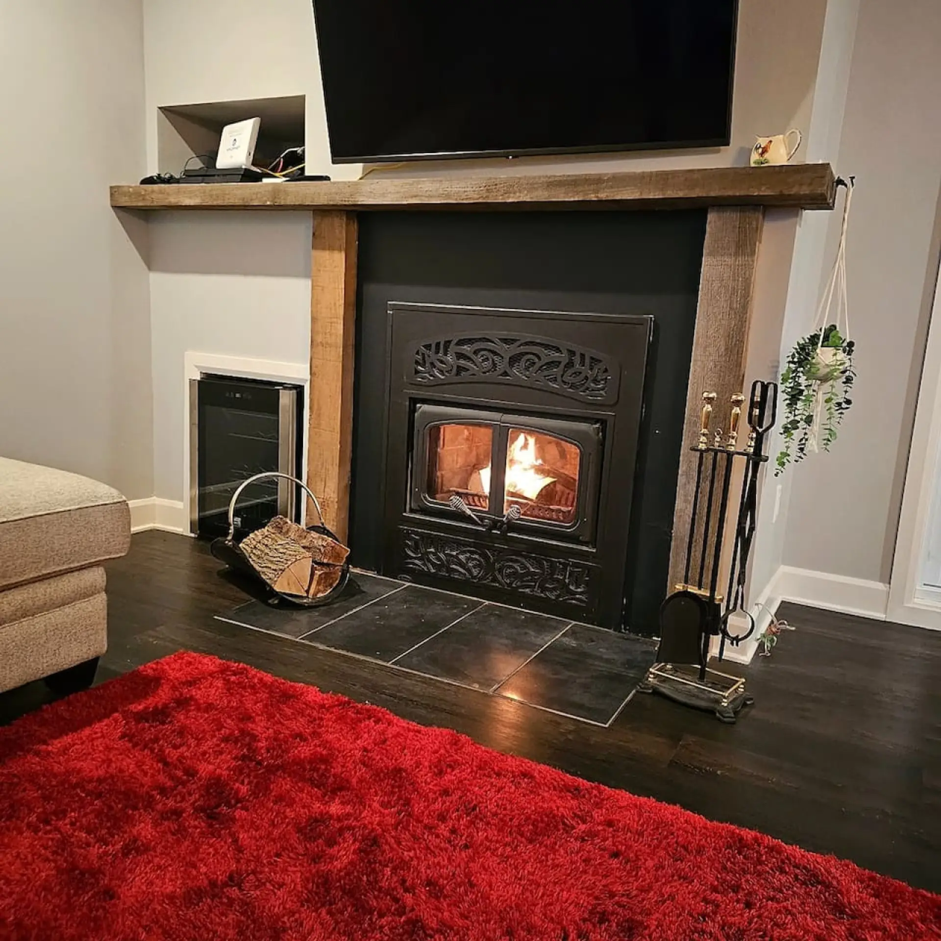 Wood-burning fireplace.