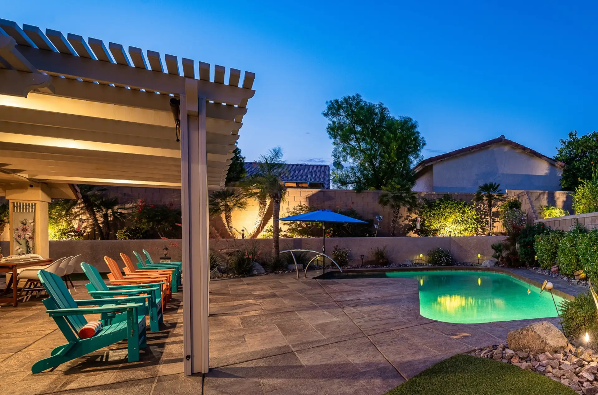 Large patio with lounge chairs