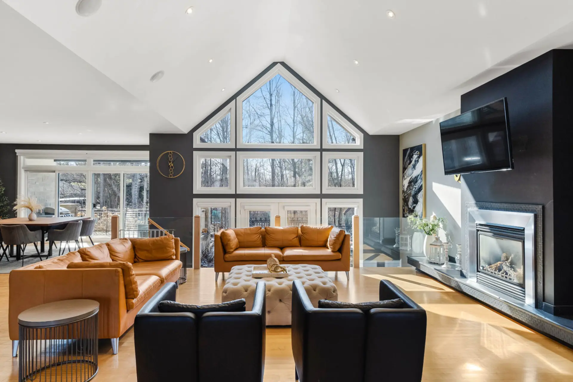 Great room with cathedral windows and gas fireplace