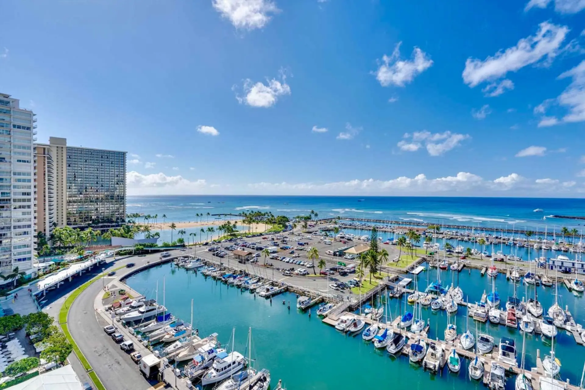 Stunning views of the marina and Waikiki from our 11th floor balcony