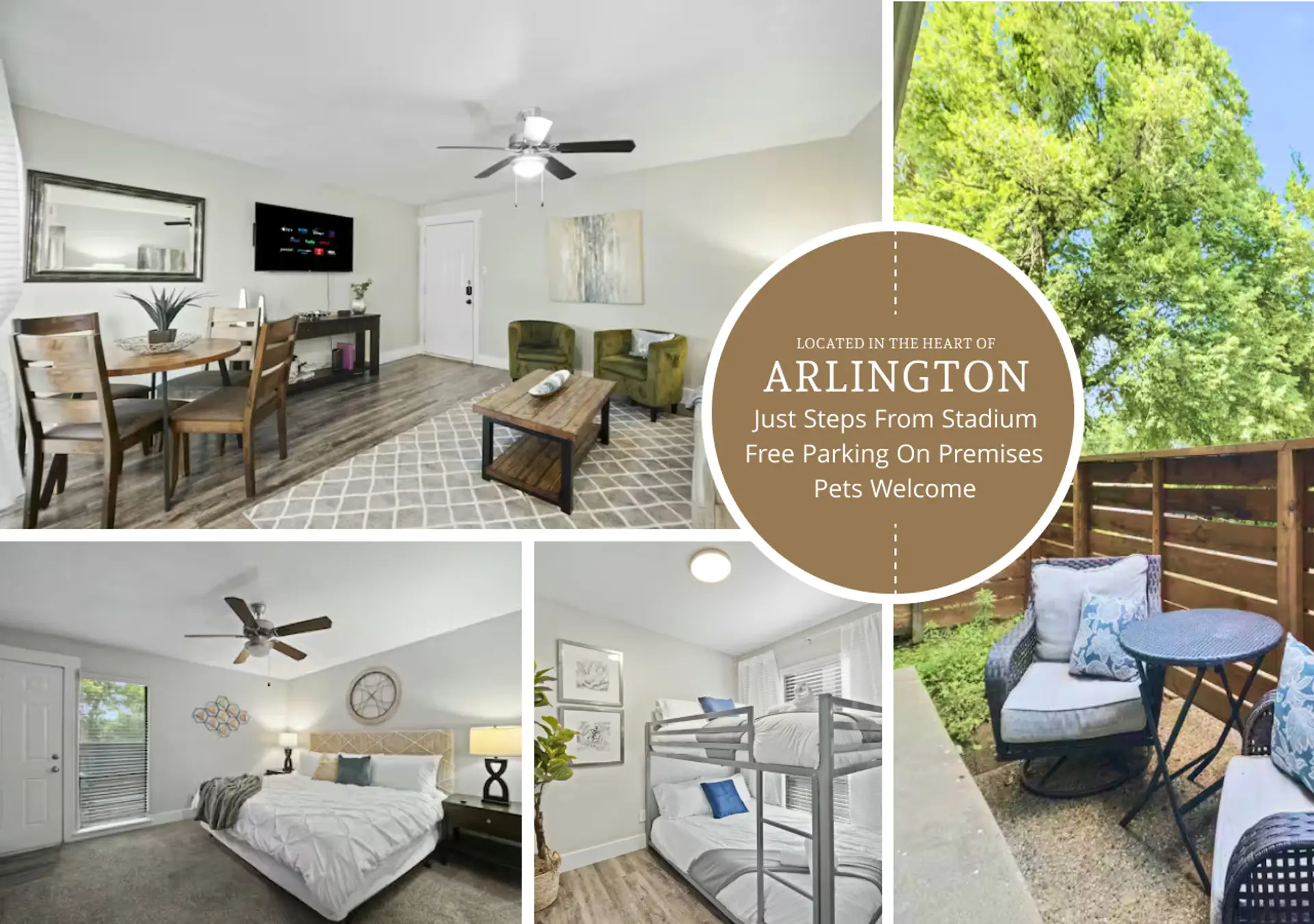 Stylish apartment collage showcasing an open-concept living and dining area, serene bedrooms with bunk setup, and a private outdoor patio.