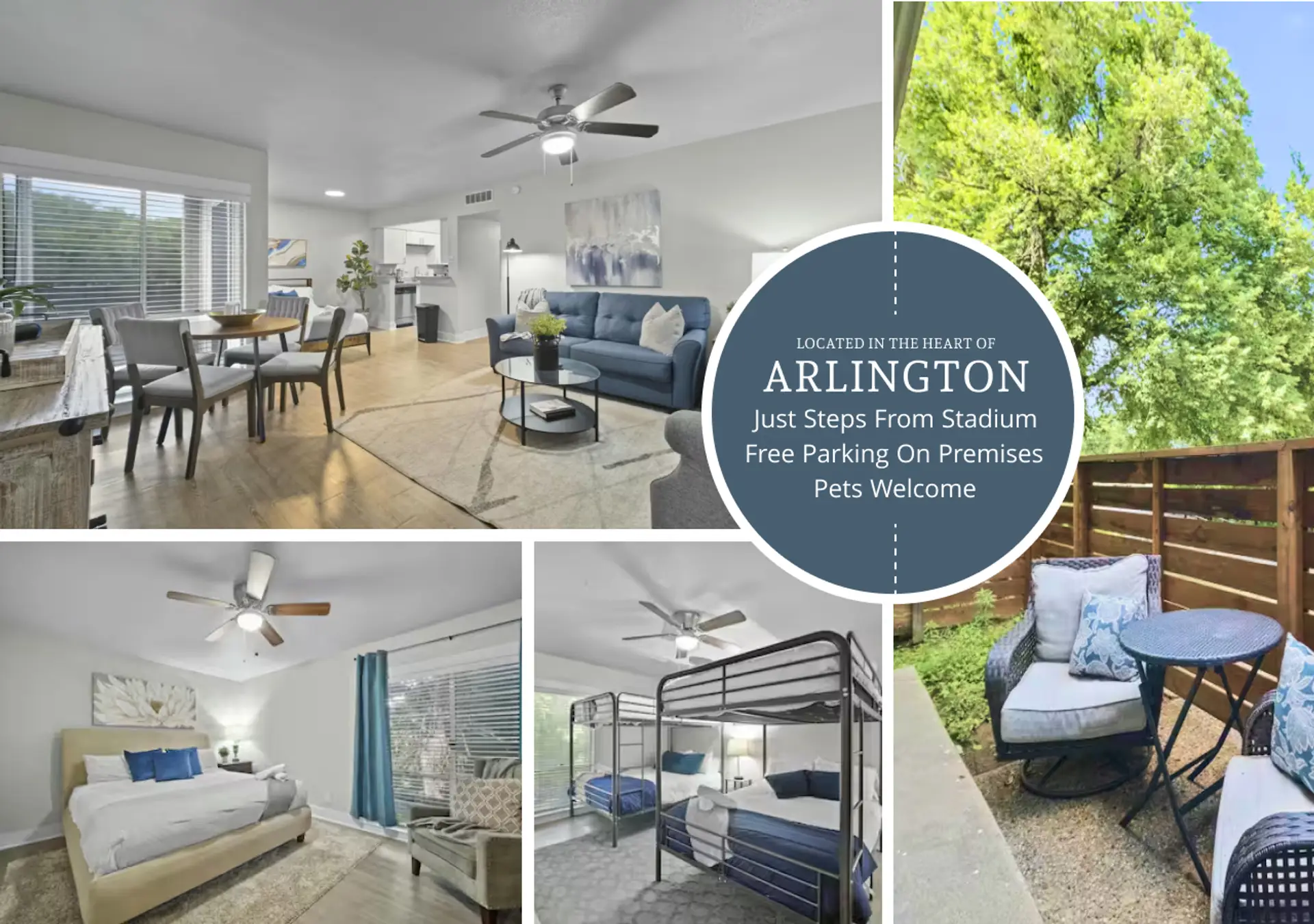 Cozy apartment collage highlighting the open-plan living and dining area, comfortable bedrooms, bunk bed setup, and outdoor patio with cushioned seating.