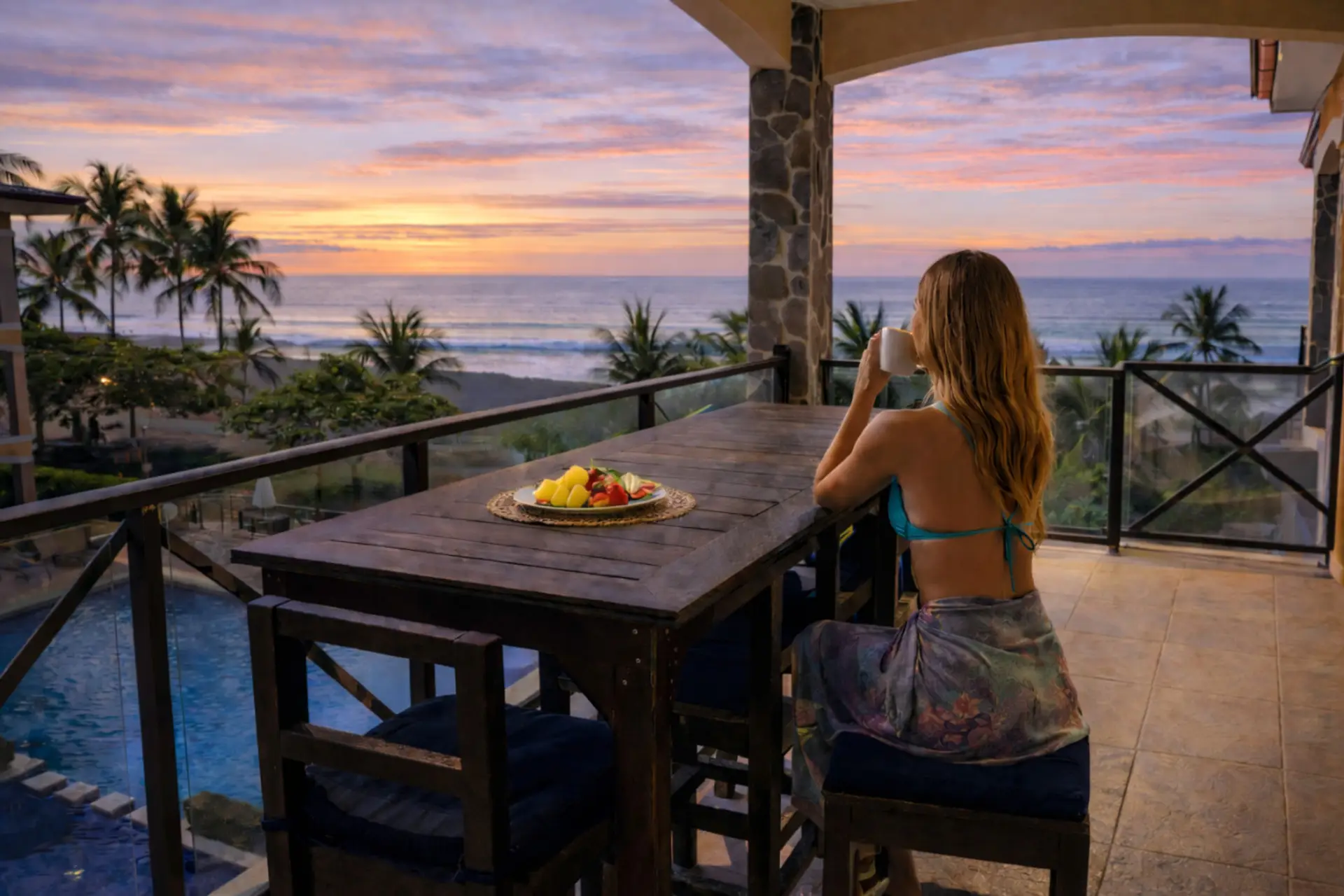 New high top table on our balcony overlooking the beach, ocean and pool!