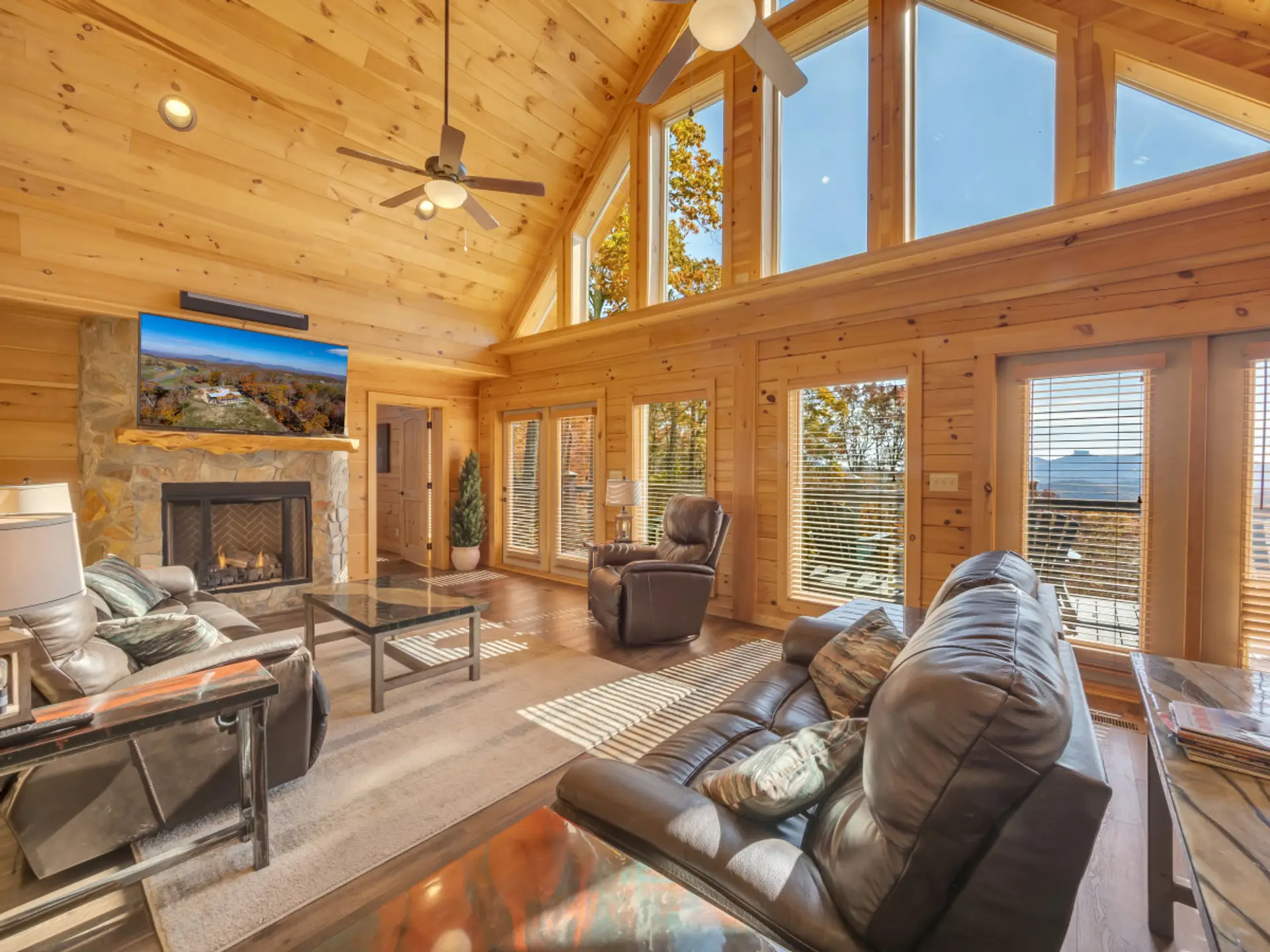 Open A Frame Living room - fireplace, 60" TV, SONOS system