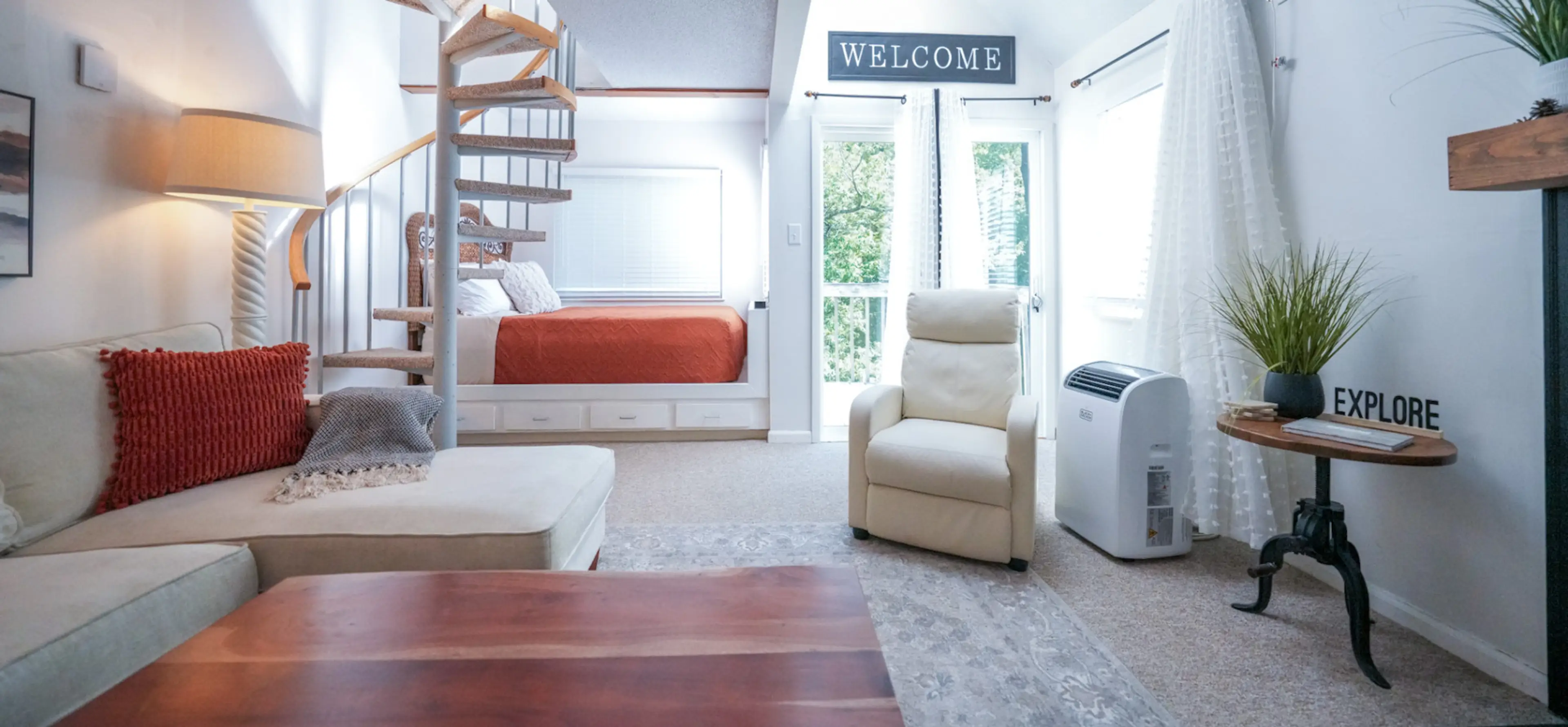 Built in full size bed, with built in storage drawers. Sound machine provided.