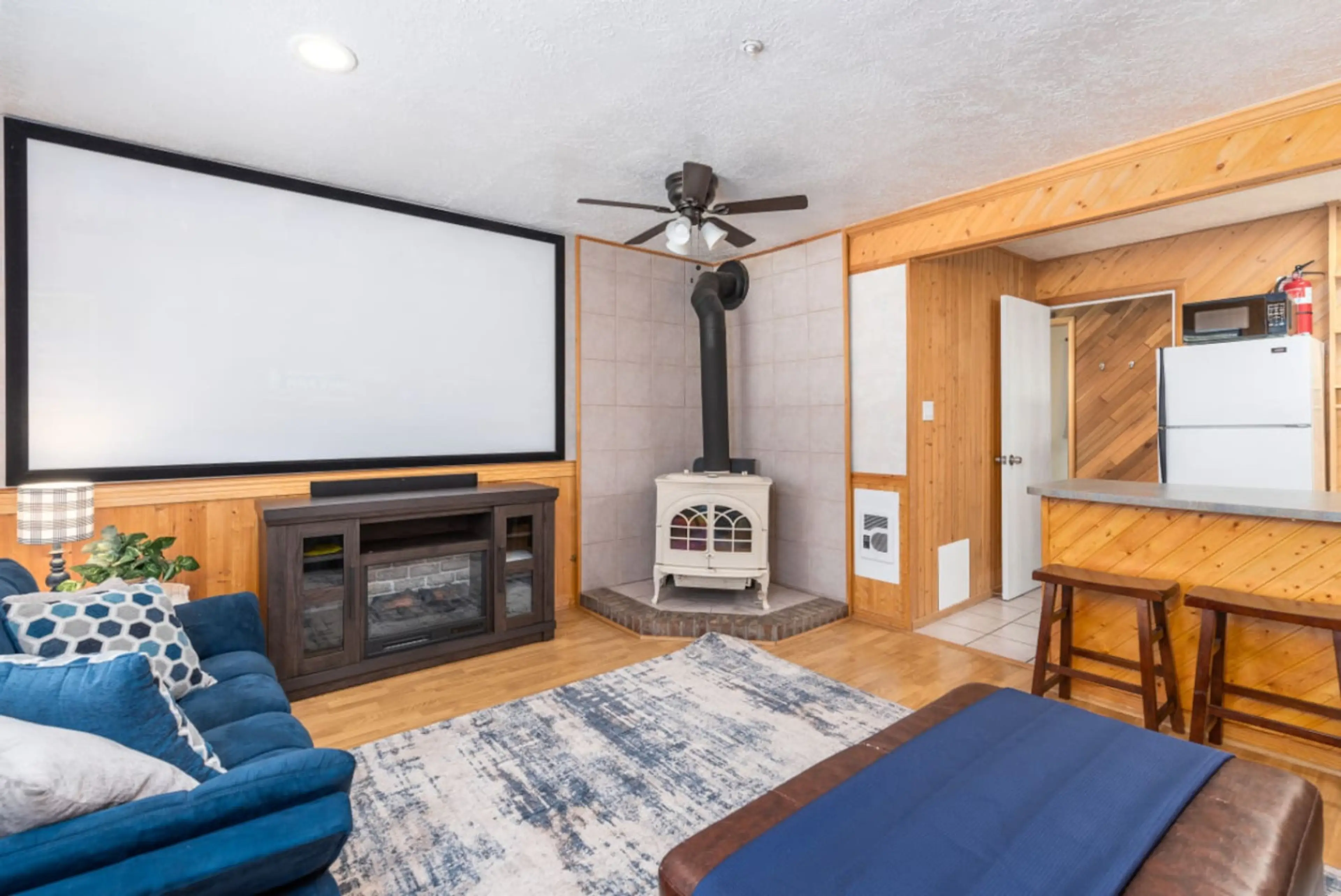 Living room w/ projector screen and Roku. * Wood burning fireplace not in service *