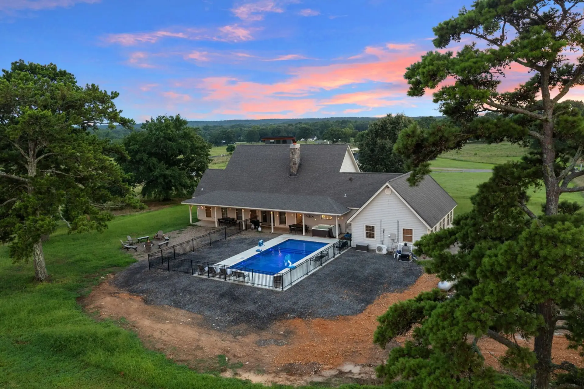 Aerial view of Dorothy's Cabin with the private pool and outdoor gathering spaces.