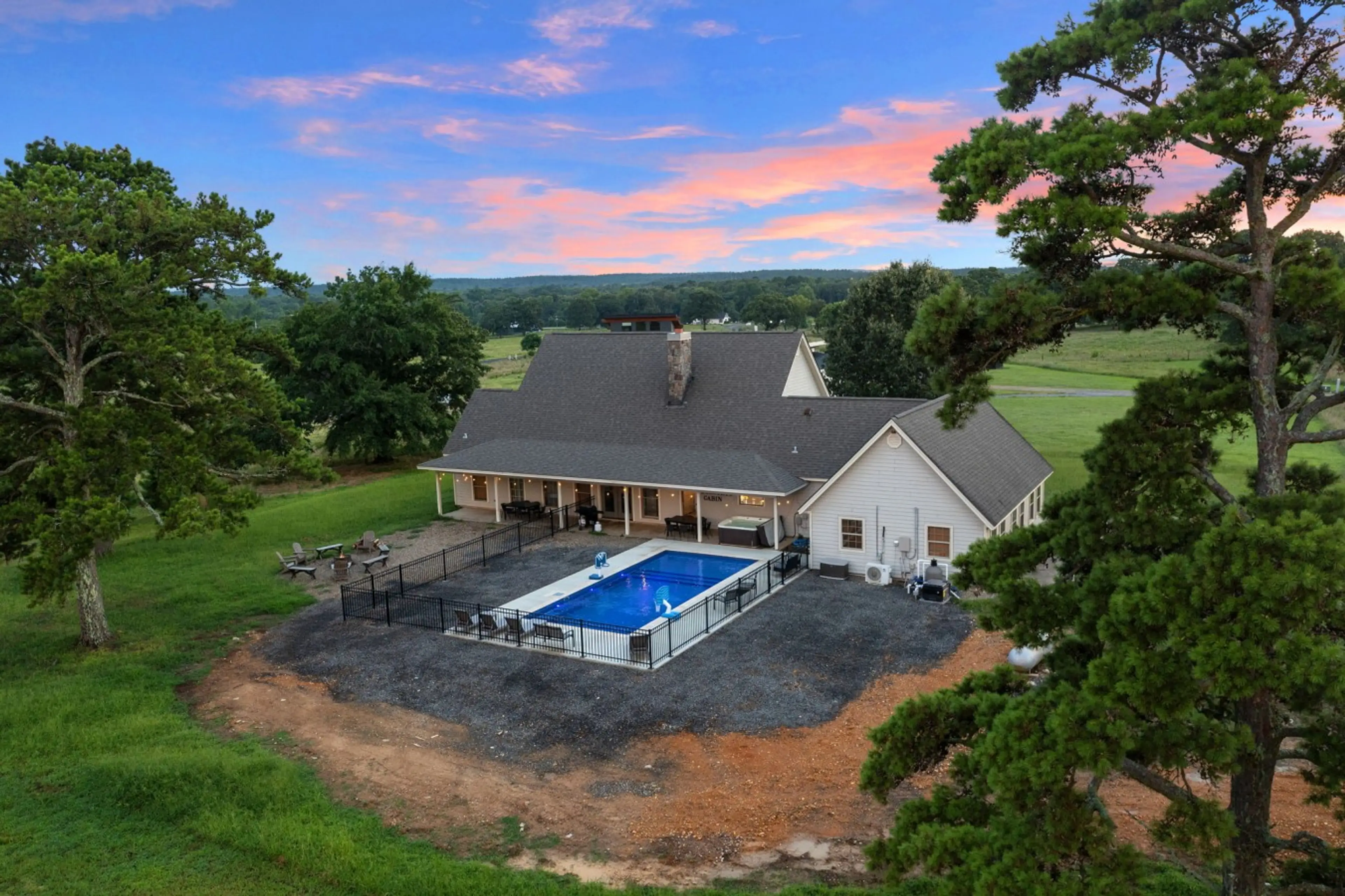 Aerial view of Dorothy's Cabin with the private pool and outdoor gathering spaces.