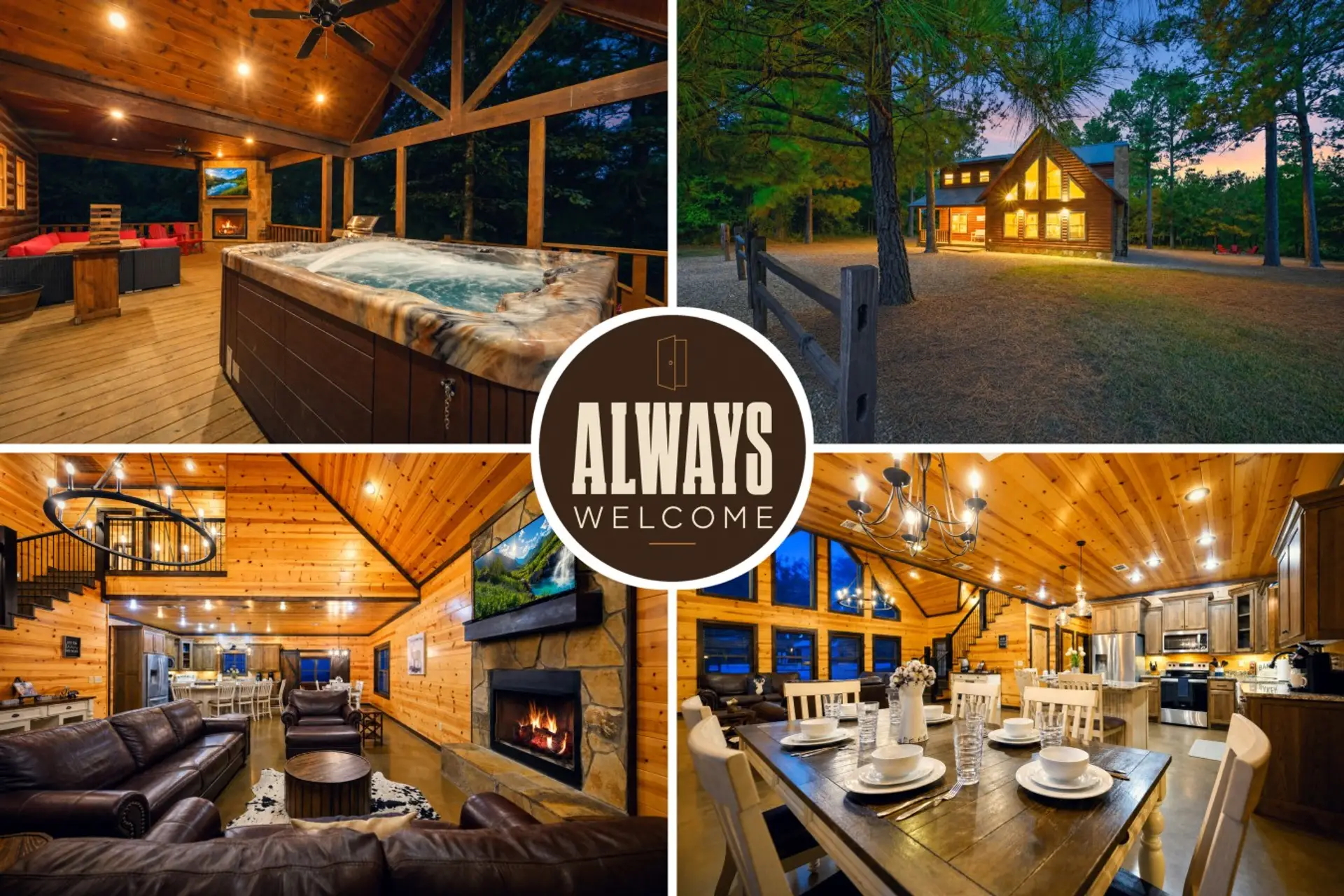 Soak under the stars with a crackling fire, big-screen TV, and forest all around you.