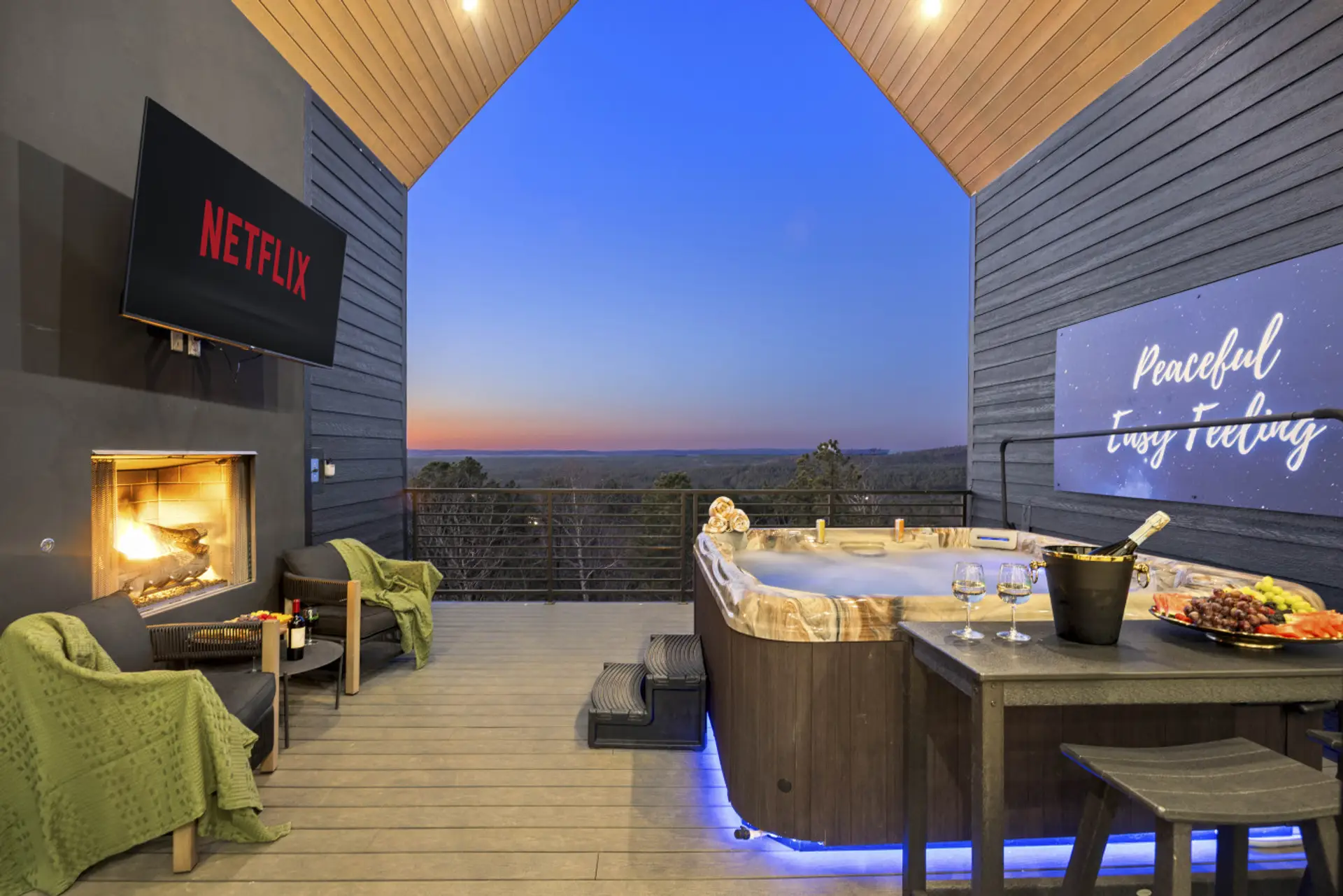 Hot tub with a view, fireplace, and Netflix ready to go — this is how you unwind at Eagle's Vista.