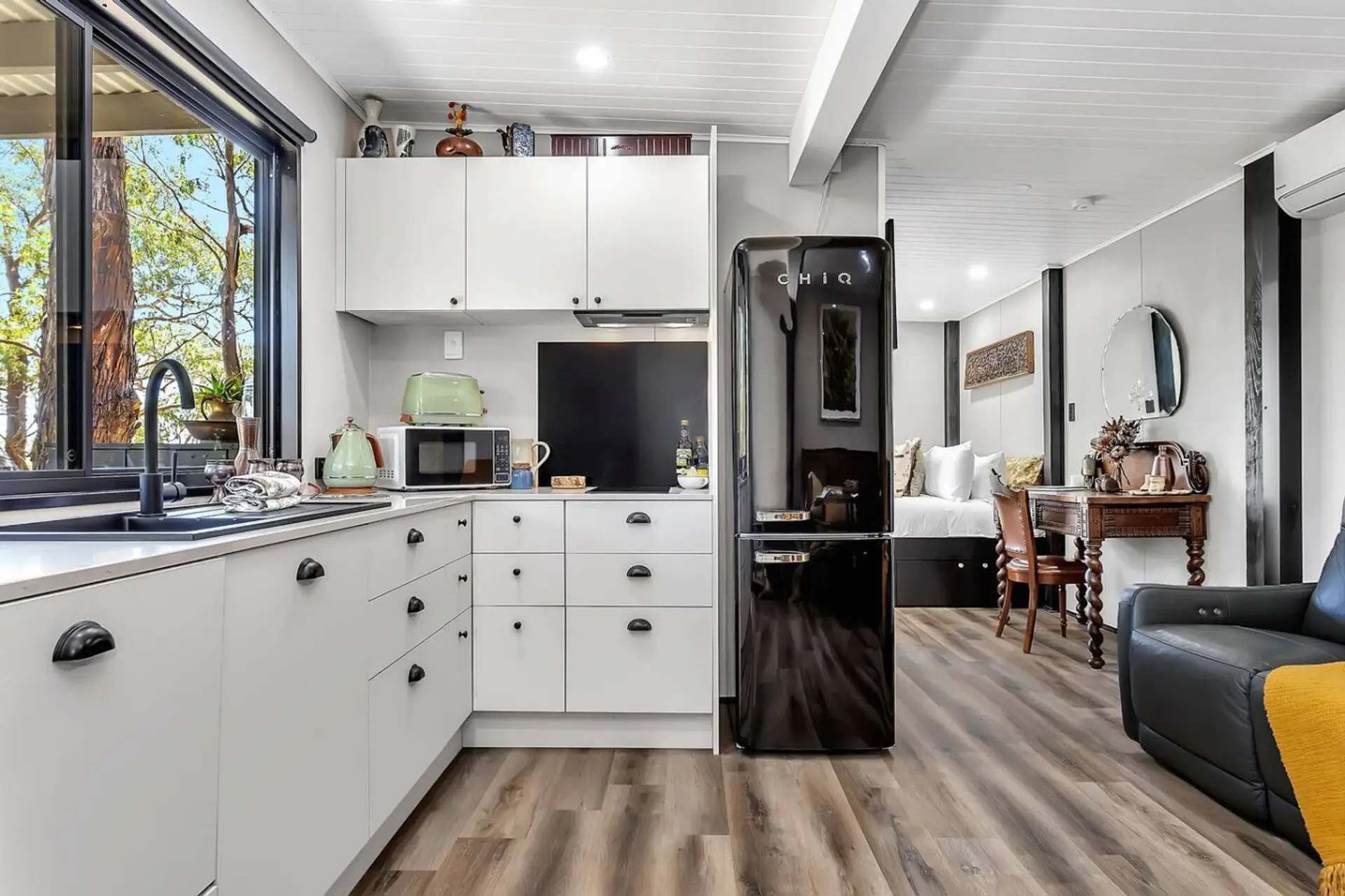 Fully equipped kitchenette with cooking basics and views