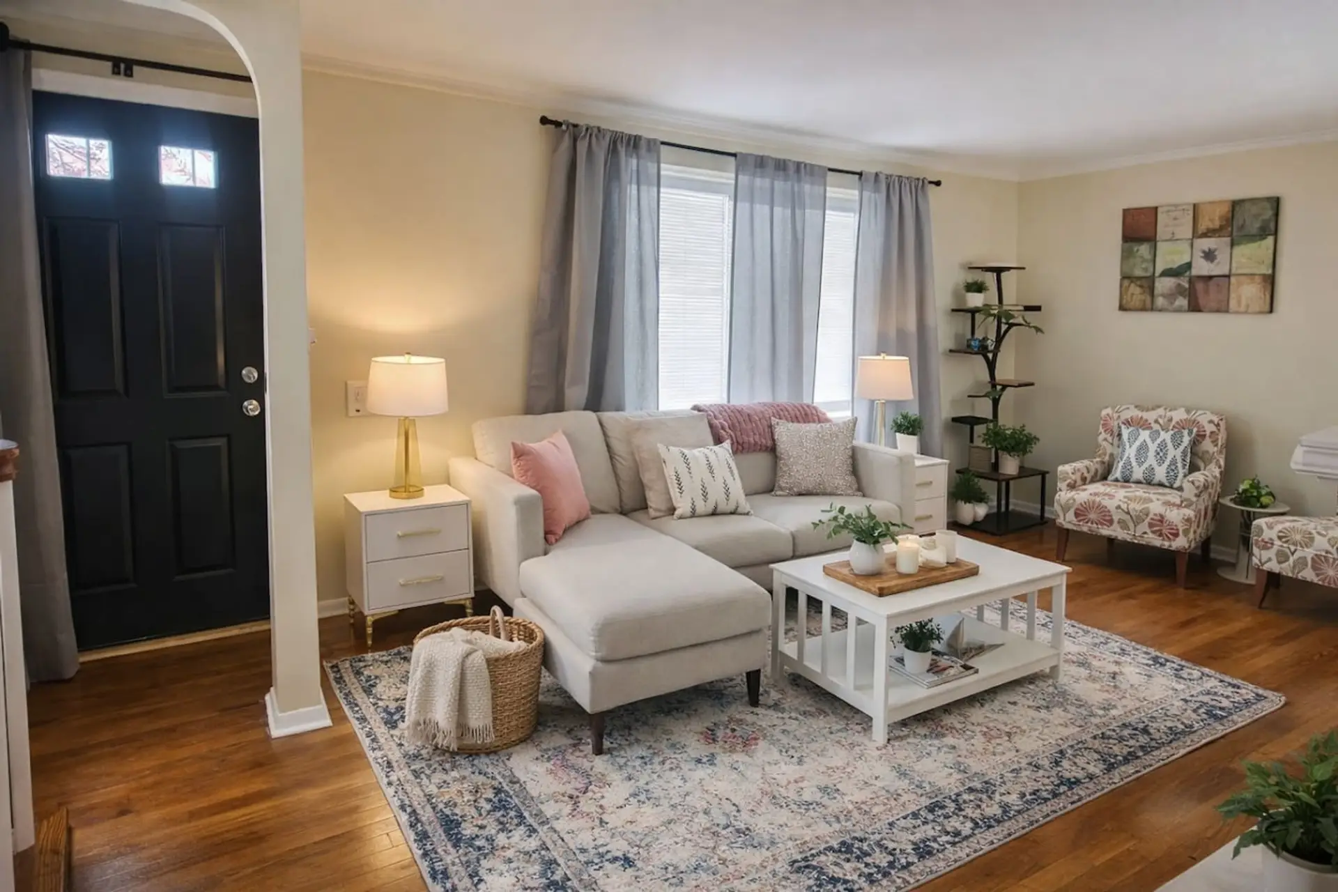 Relax and unwind in this bright and airy living space, featuring a cozy sectional sofa, and plenty of natural light. Perfect for morning coffee or a quiet evening in.