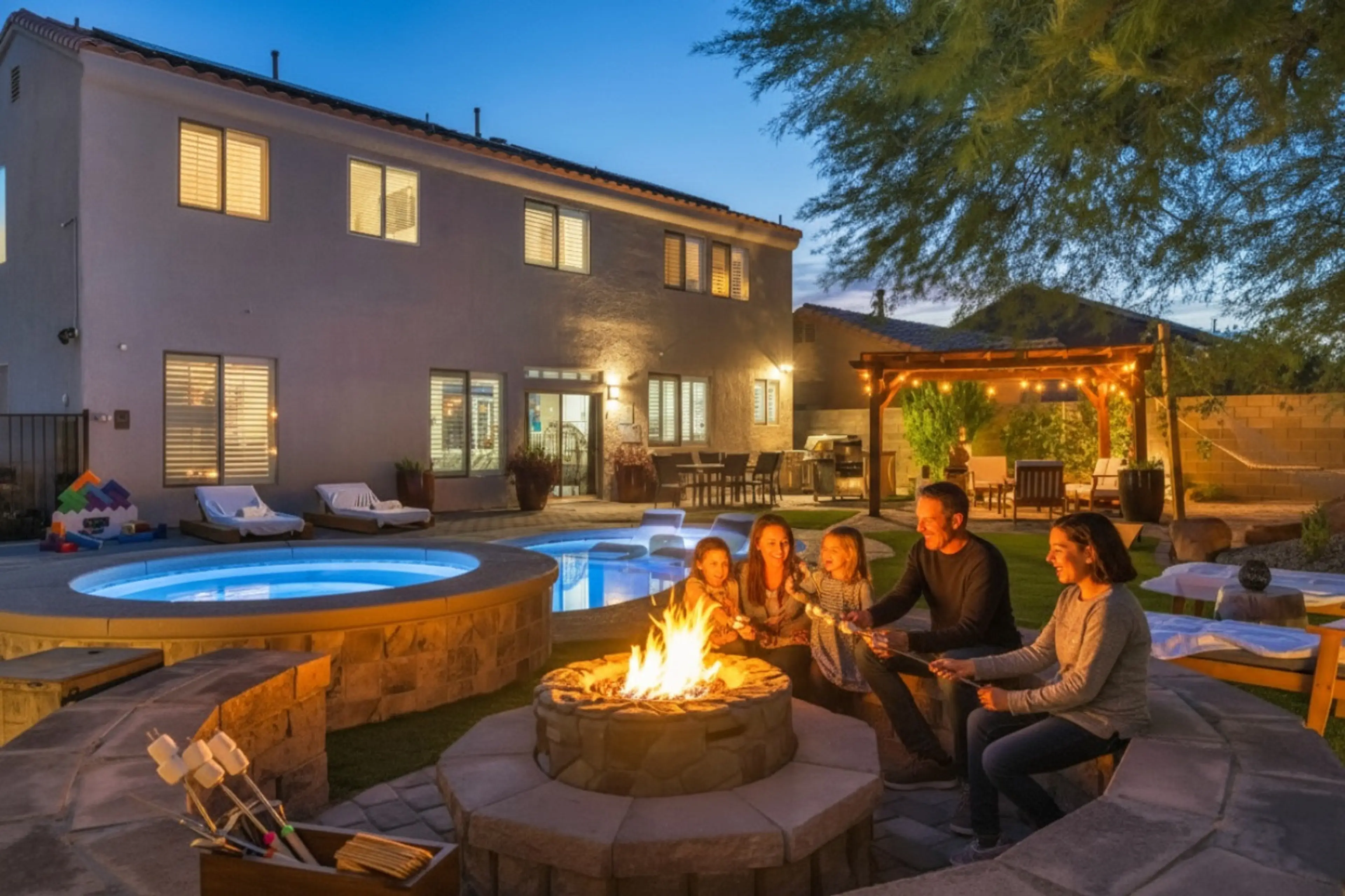 As the stars come out, your family gathers closer around the warm fire pit. Marshmallows turn golden on the sticks while stories and laughter fill the evening air.